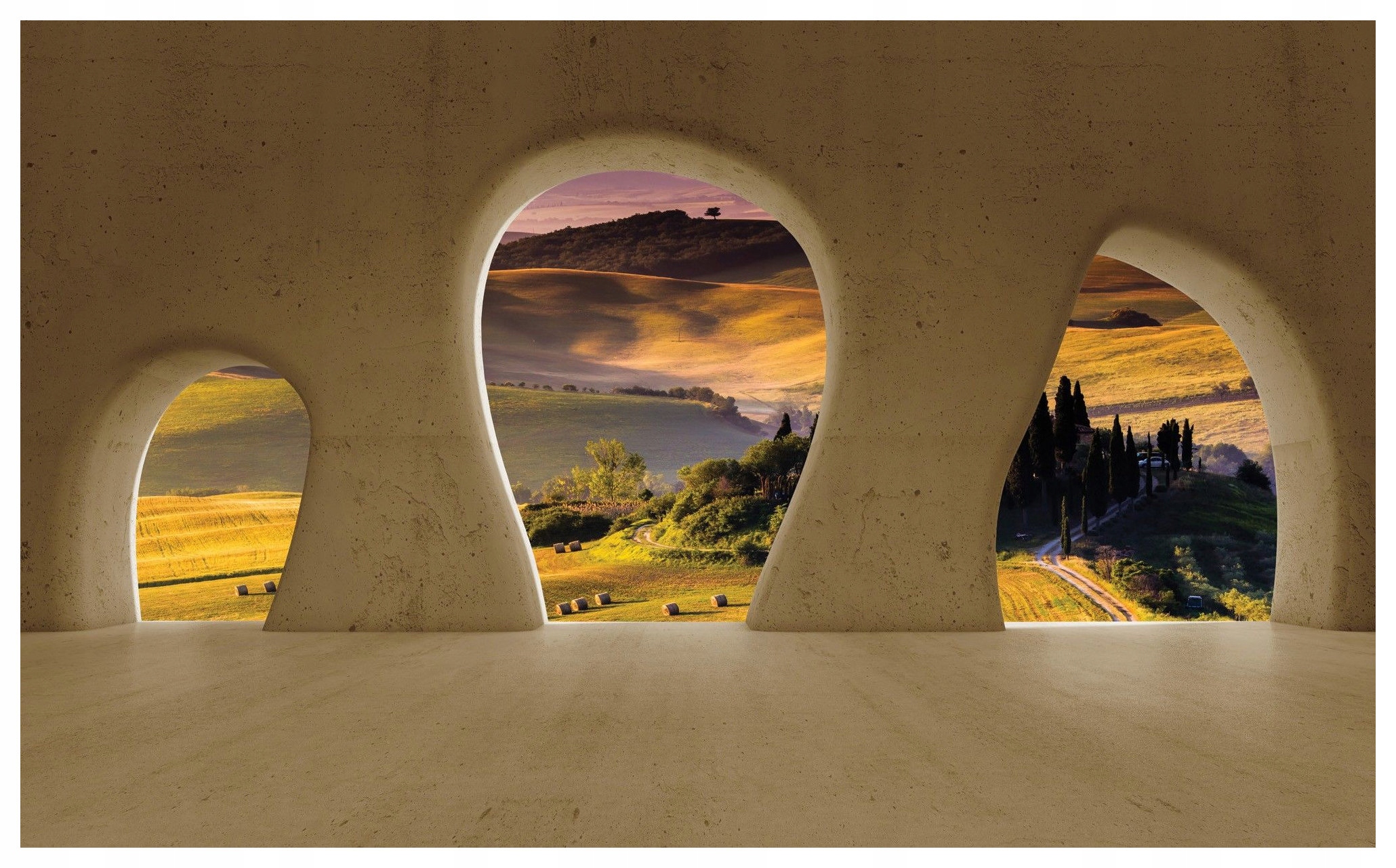 Fototapeta Toskánsko Arkáda krajina vila cypřiše kopce 312x219 lepidlo