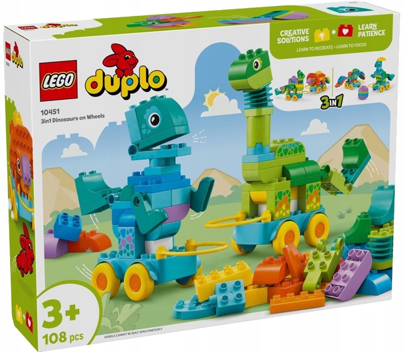 Stavebnice 108 dílků Lego Duplo 3v1 Dinosauři na kolečkách 10451