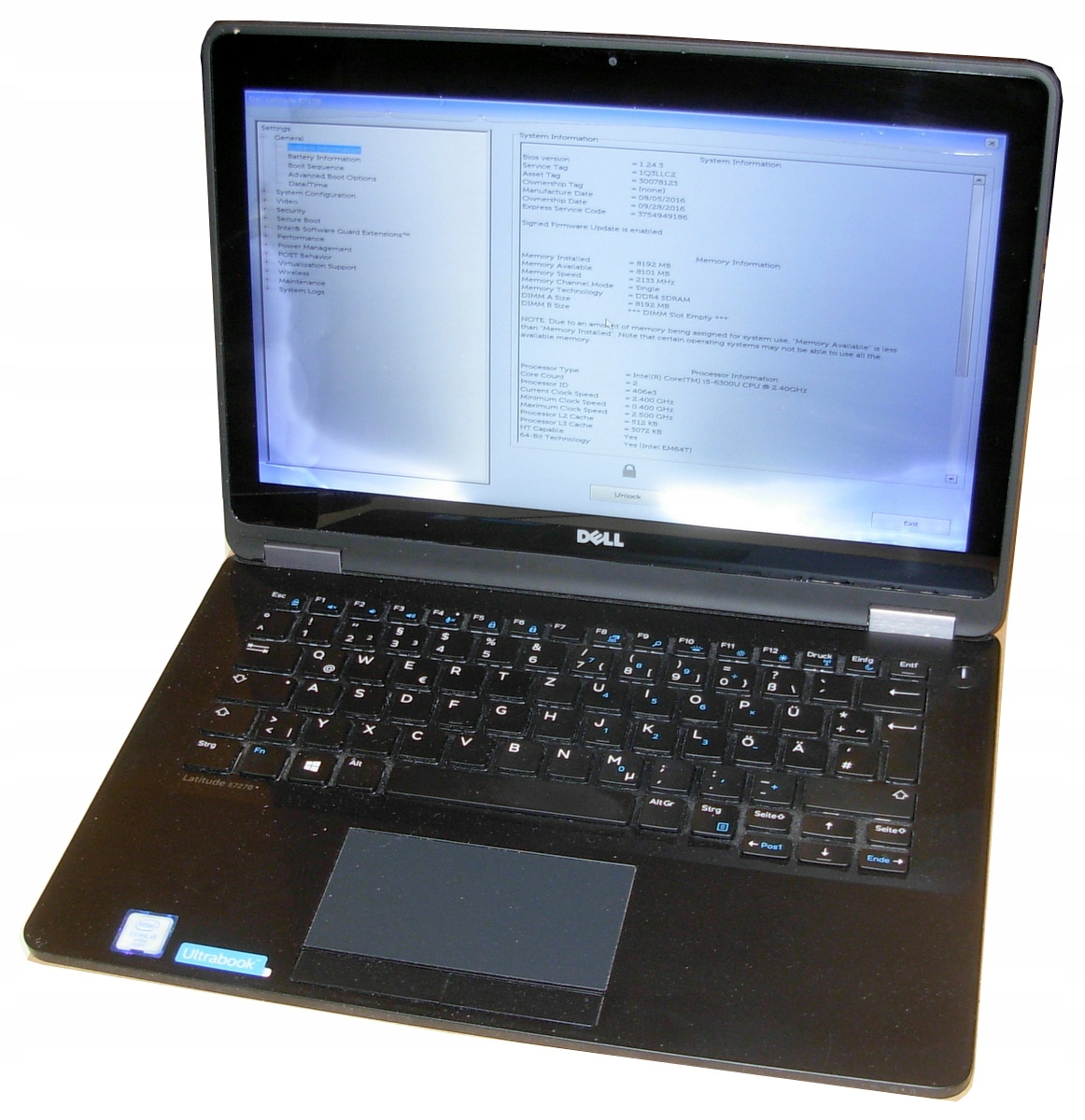 Uszk i niekompletny Dell Latitude E7270 - startuje Model procesora Intel Core i5-6200U