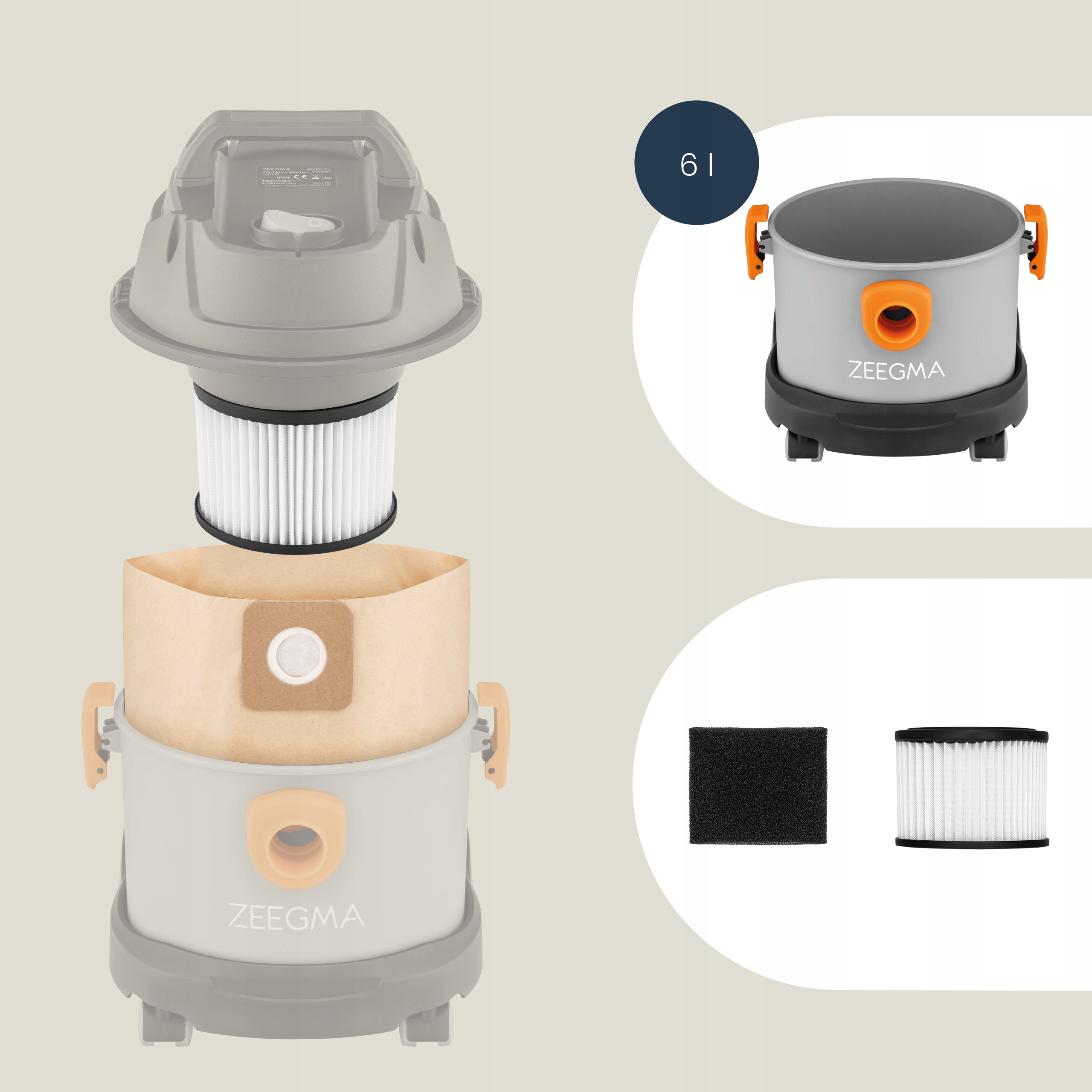 ODKURZACZ PRZEMYSŁOWY NA MOKRO I SUCHO MOCNY ZEEGMA 6L Worki x3 Kod producenta Odkurzacz przemysłowy samochodowy