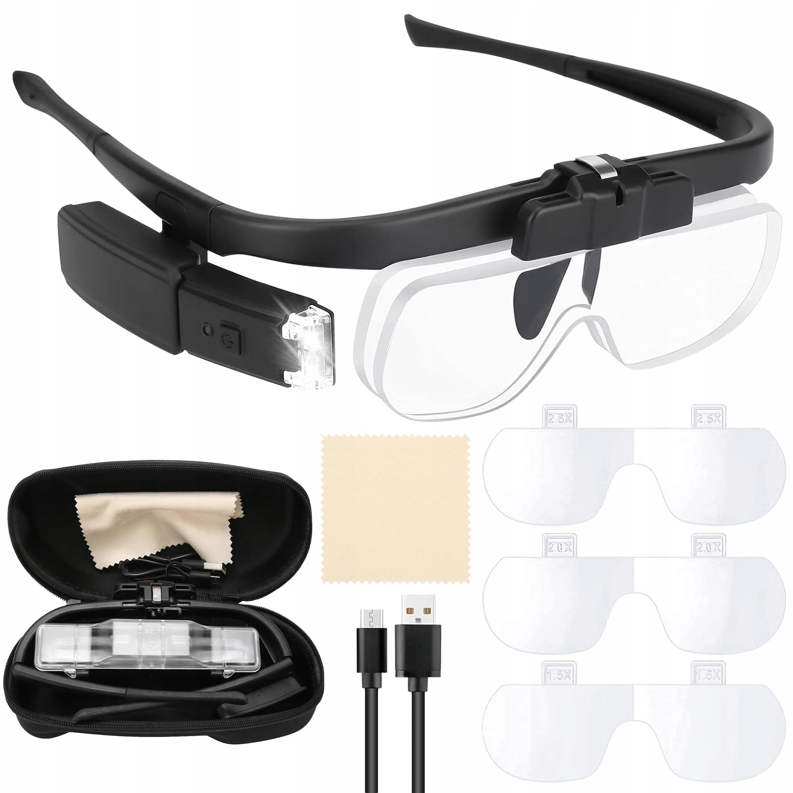 LED MAGNIFYING GLASSES CHARGED USB WATCHMAKING JEWELER MAGNIFIER, czarny