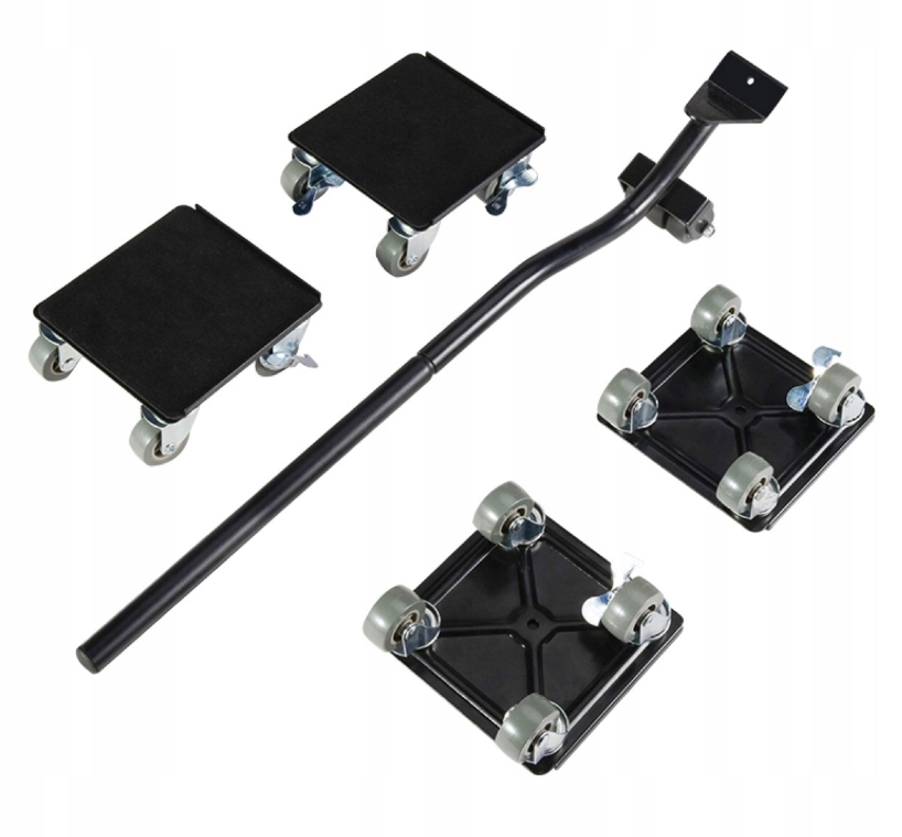 ZESTAW ROLKI DO TRANSPORTU PRZESUWANIA MEBLI HAMULCE 300KG DŁUGA RĄCZKA Długość 62 cm