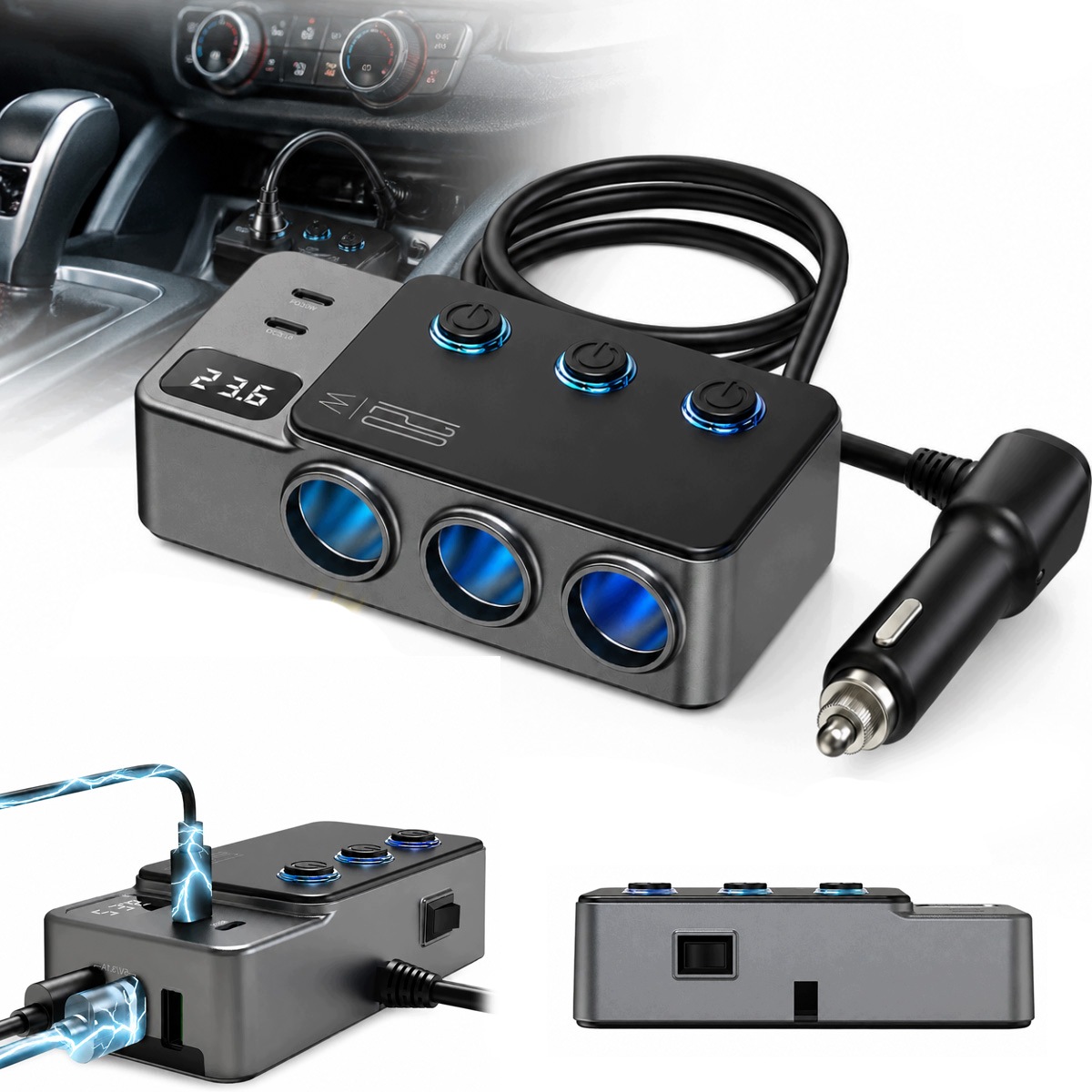 Rozdzielacz Samochodowy Gniazda Zapalniczki 12 24V Usb 3.0QC Woltomierz