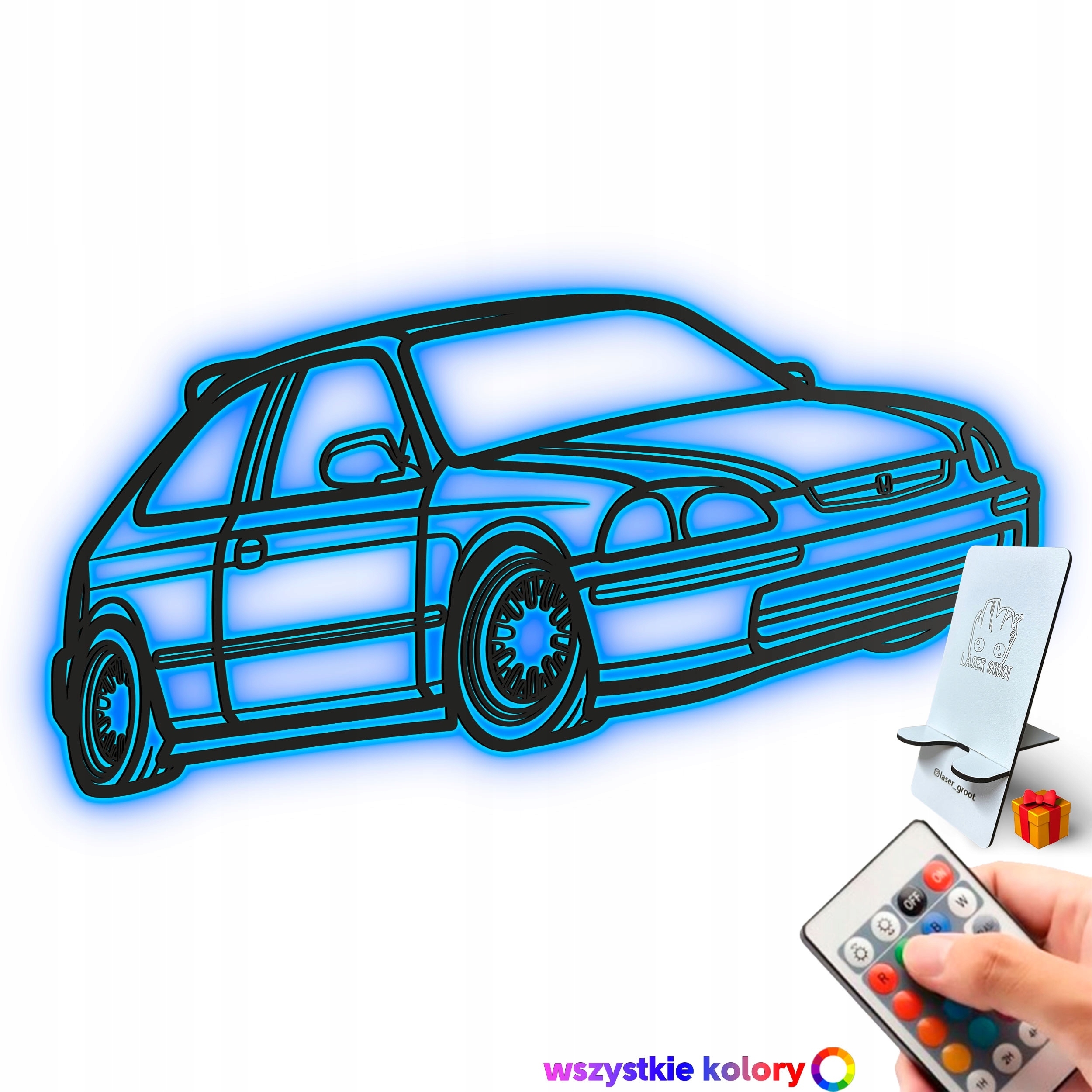 Dřevěný 3D obraz Honda Civic Line Nástěnný Dárek Noční Lampa Led XL