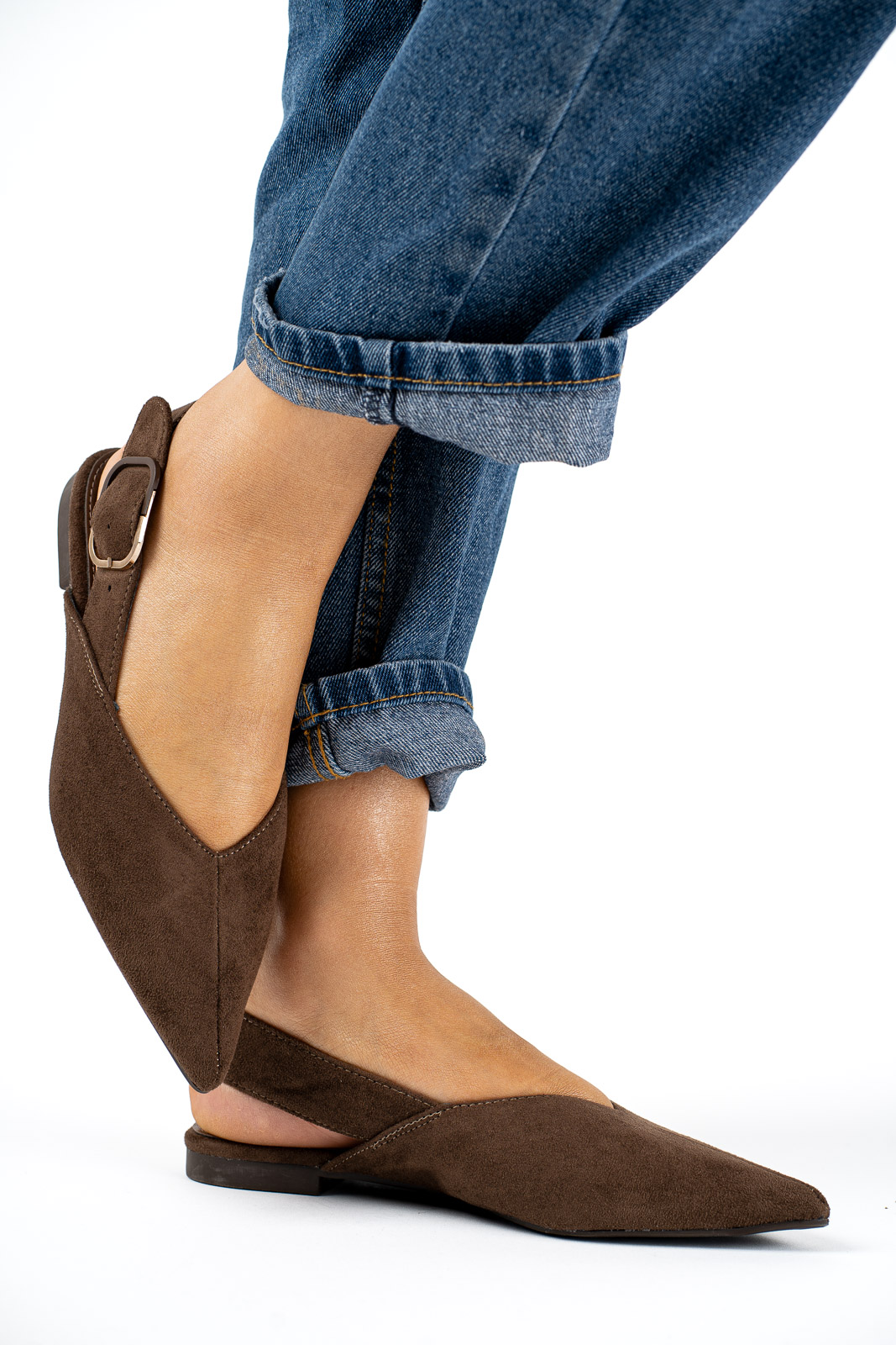 Brązowe baleriny damskie slingback w szpic