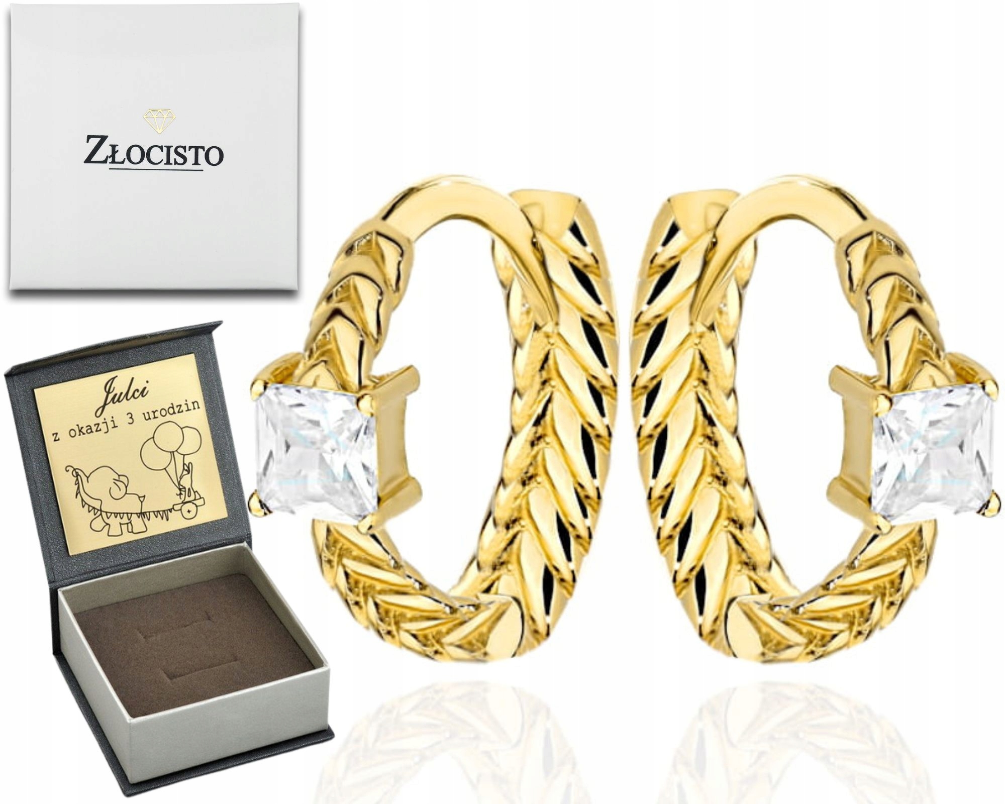 Złote Kolczyki Delikatne Plecione Na Kreolu Z Kamieniem 585 Grawer