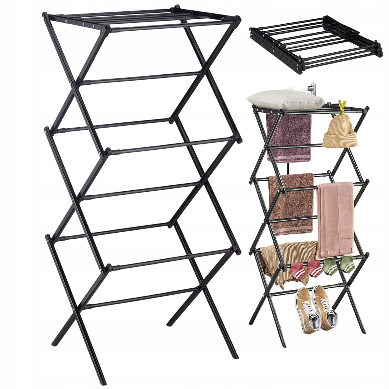 Levně Sušák Na Prádlo Skládací Kovová Úspora Místa Černá