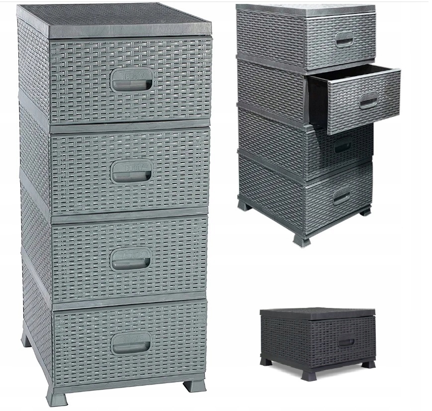 SZAFKA KOMODA REGAŁ 4 SZUFLADY DO ŁAZIENKI RATTAN KOLOR SZARY