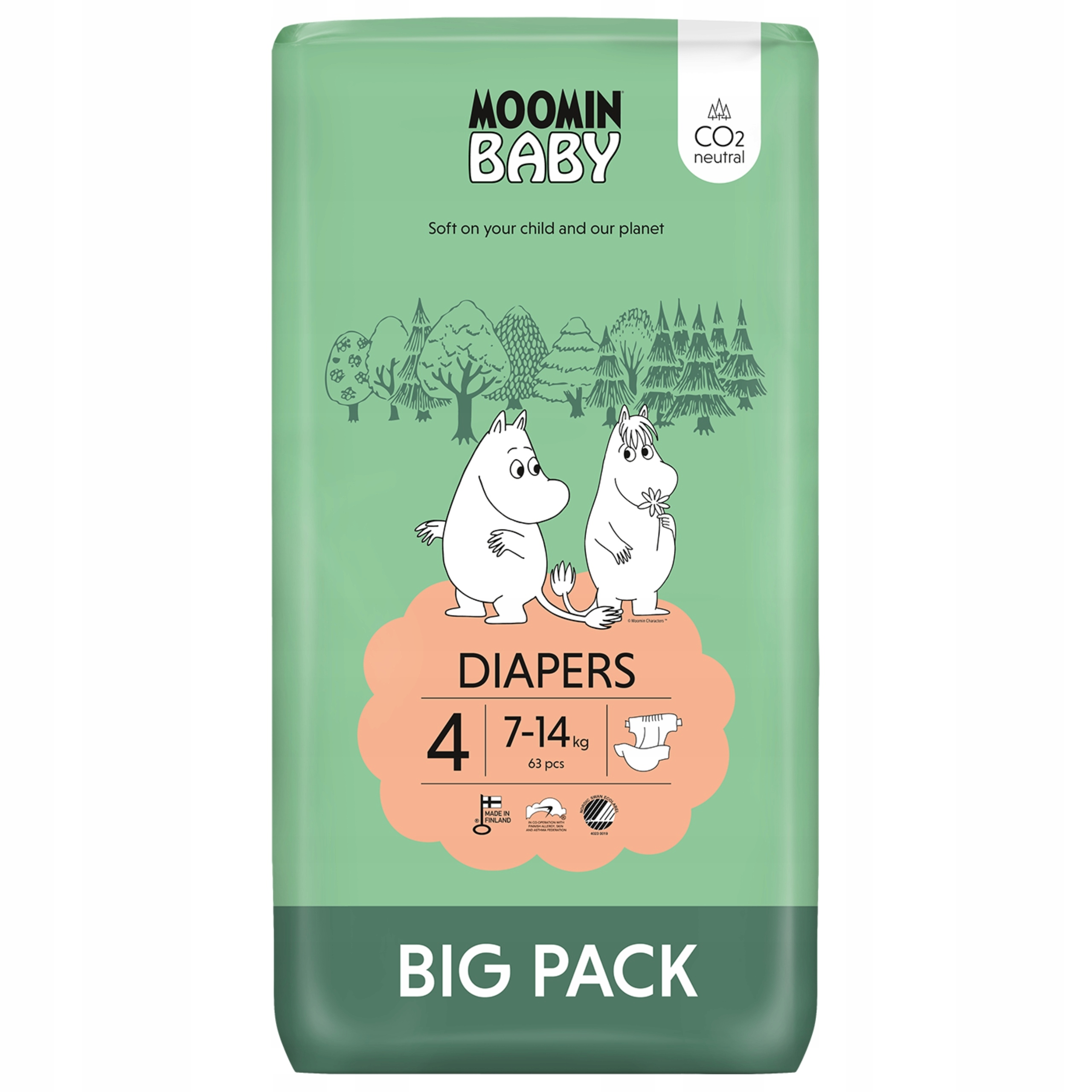 Moomin Baby 4 Maxi Eko Pieluszki Chłonne Pieluchy Muumi 7-14KG 63 Sztuki