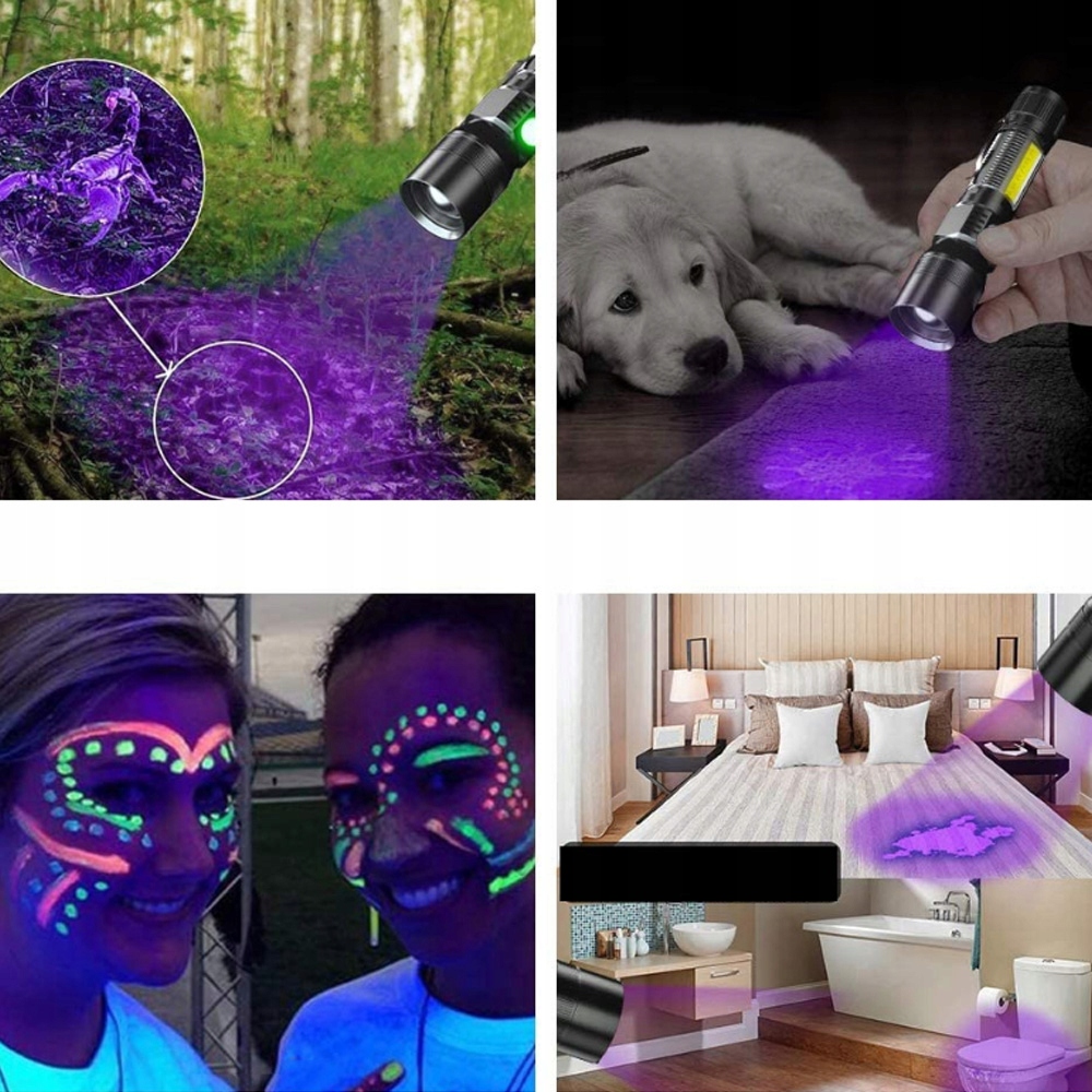 MOCNA LATARKA UV LED AKUMULATOROWA TAKTYCZNA ZOOM USB ŚWIATŁO ROBOCZE COB Kolor dominujący czarny