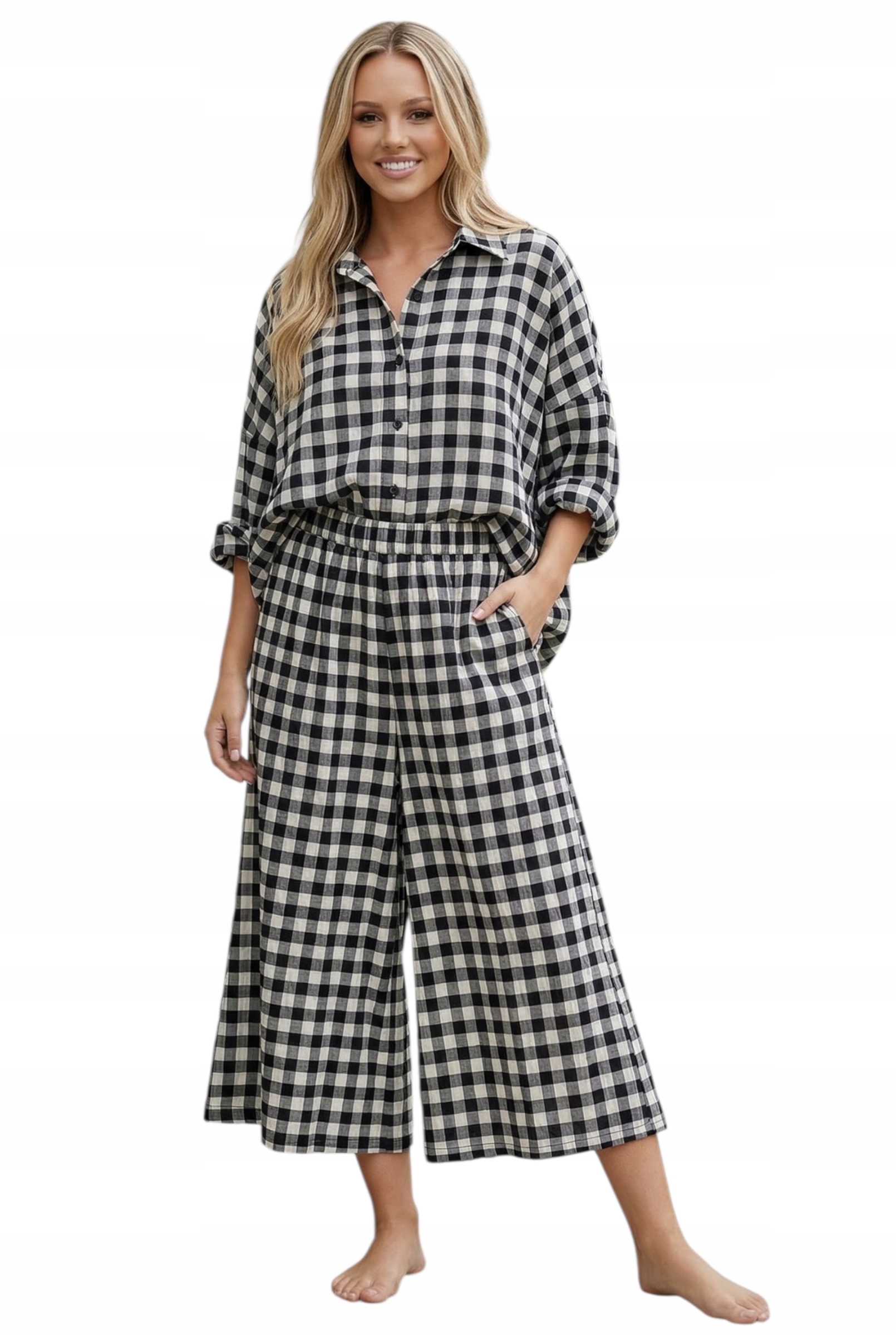 Dámský kostkovaný komplet, elegantní kalhoty a košile Wendy Trendy oversize
