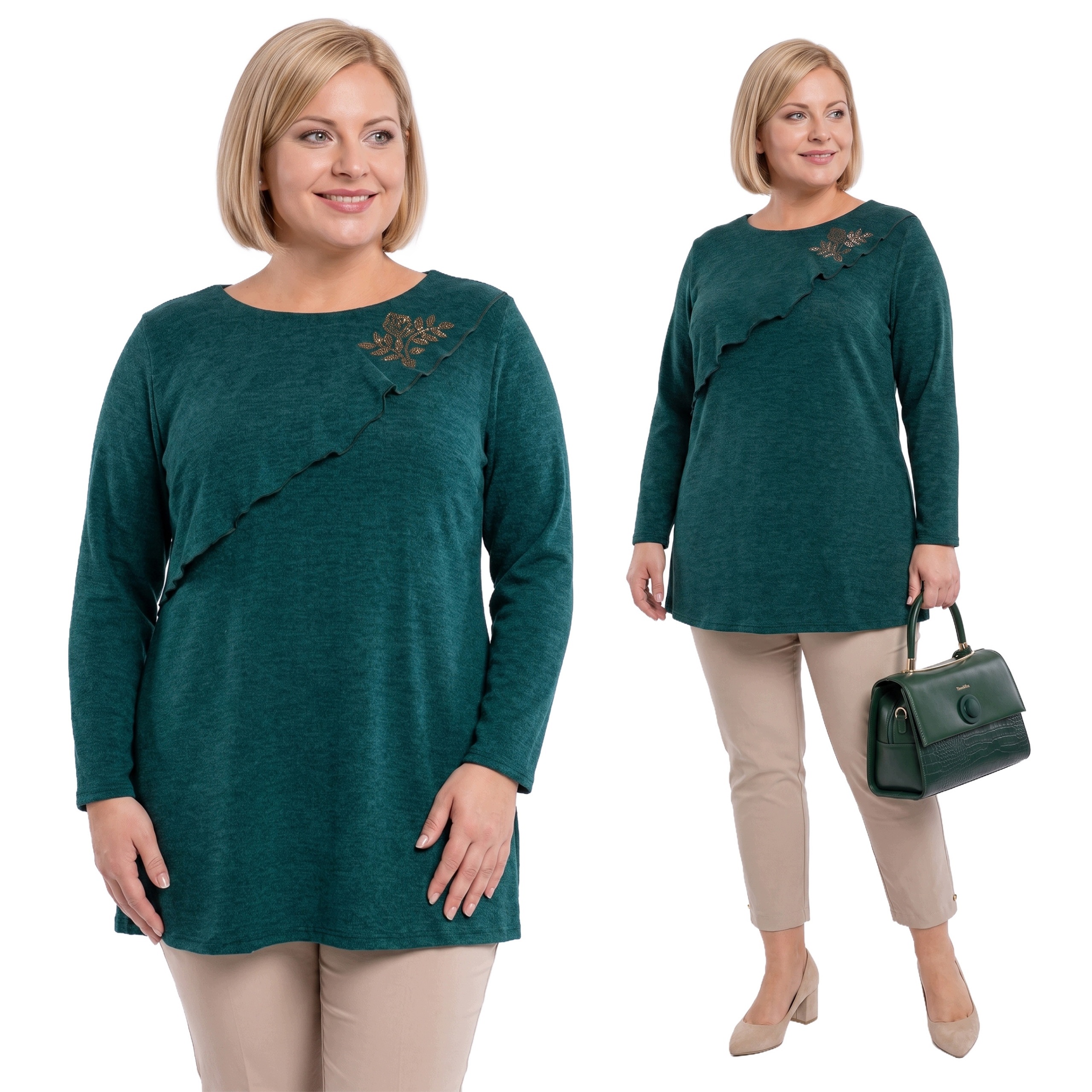 Zelený teplý svetr s lesklým květem plus size velikost 52/54