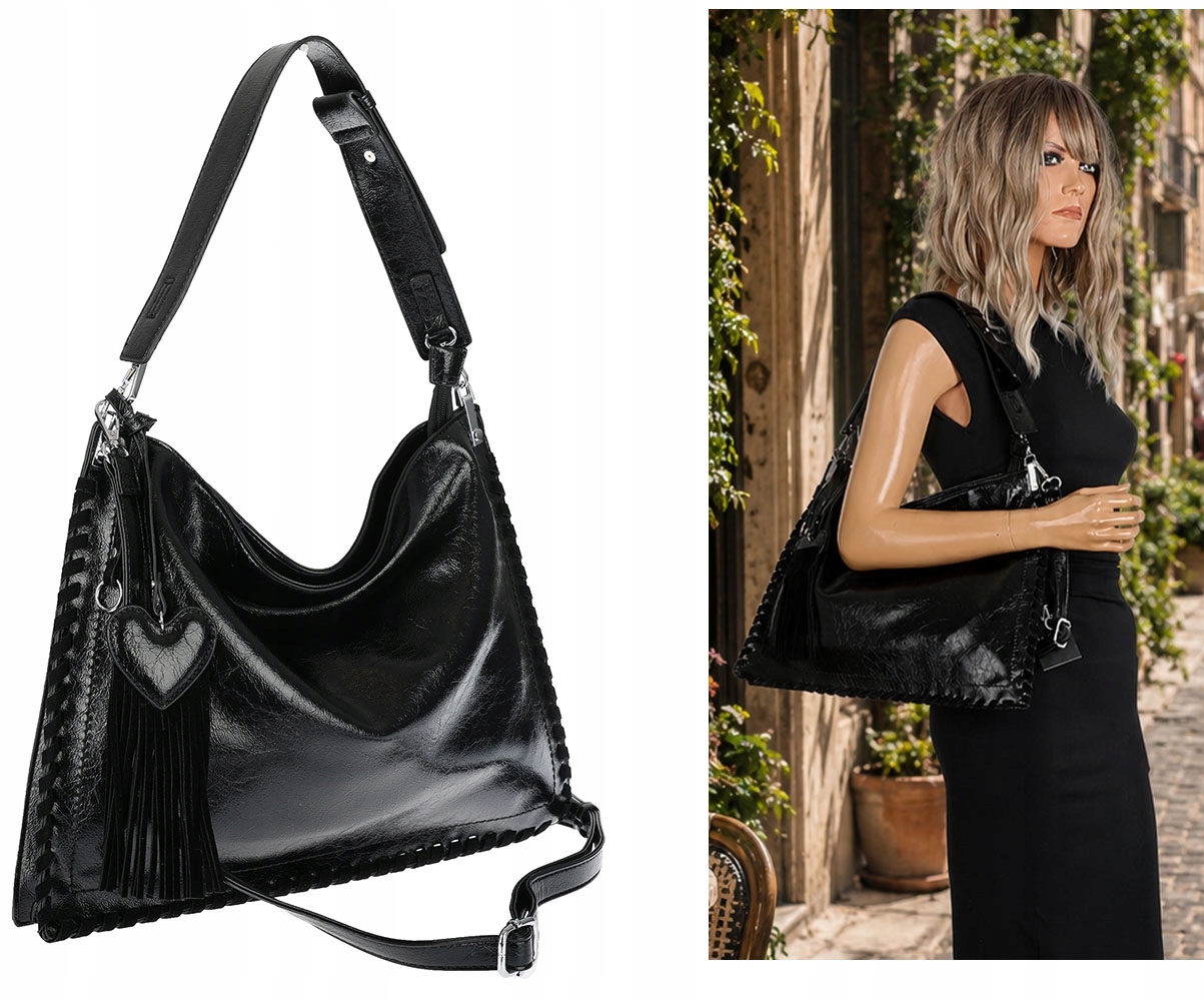 Dámská kabelka shopper taška přes rameno s třásněmi velká módní boho MC687 Černá