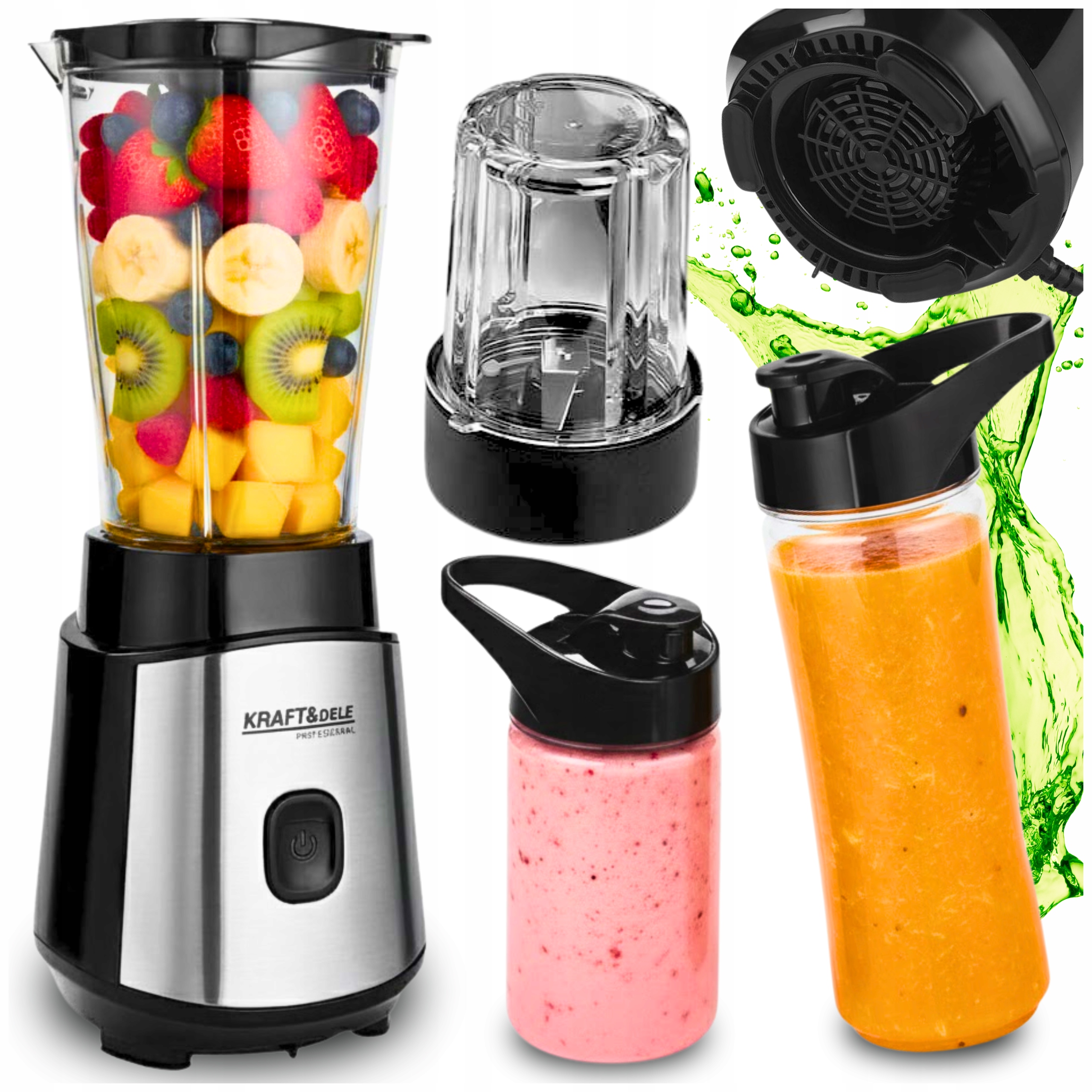 Blender Kielichowy Do Koktajli Smoothie 1500W Mikser Lodu 2 Bidony Młynek