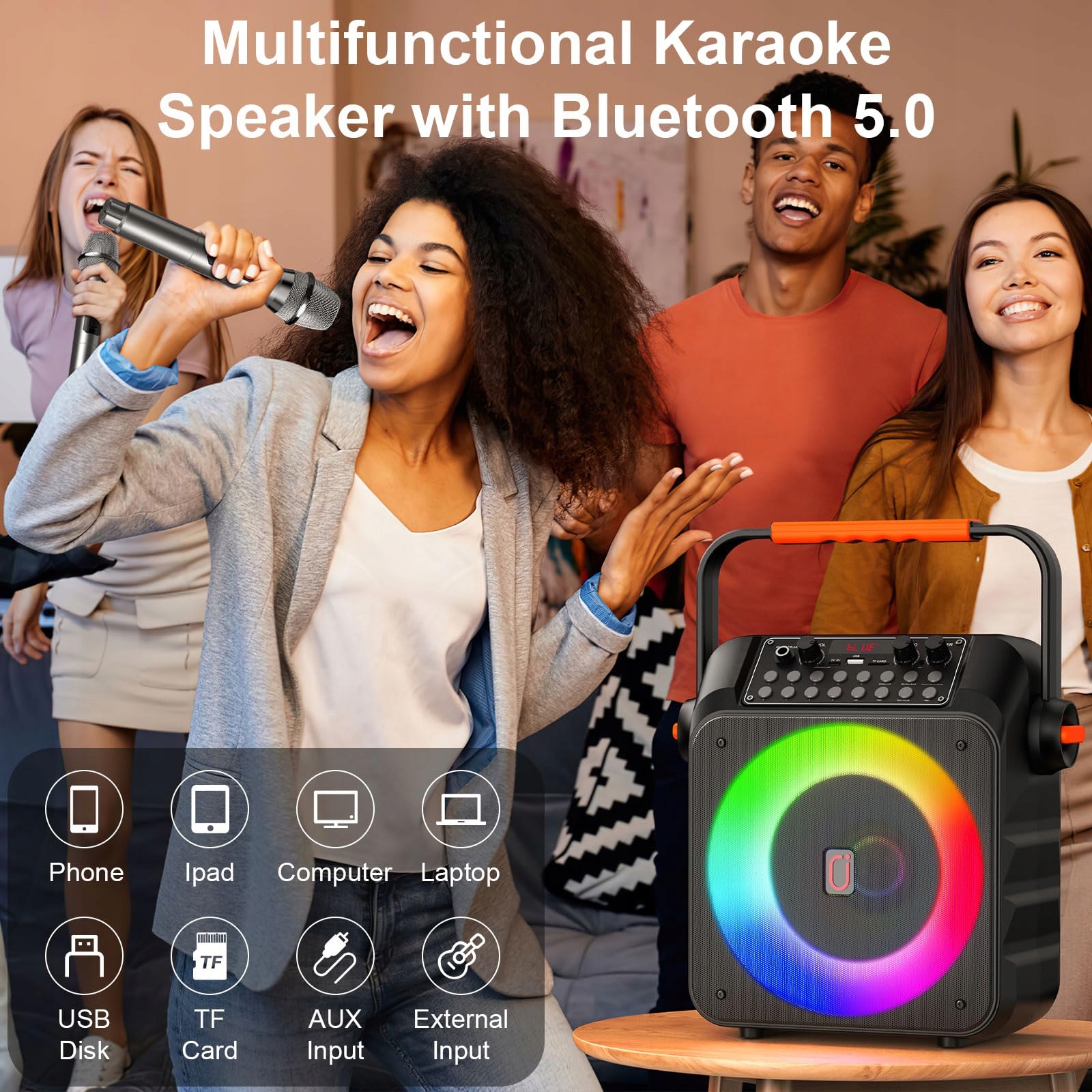 HWWR Karaoke Zestaw Z 2 Bezprzewodowymi Mikrofonami RGB Światła Partybox — miniatura 3