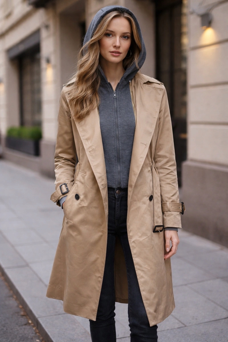 Tenký Kabát Kapuce T2-2252# C. Béžová S (36)