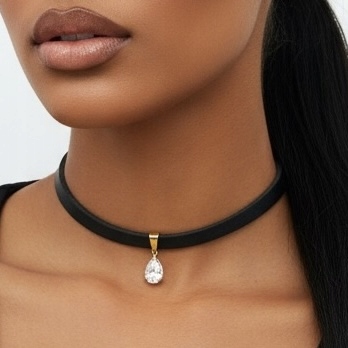 Choker kožený přívěsek zirkon na krk černá nerezová slza