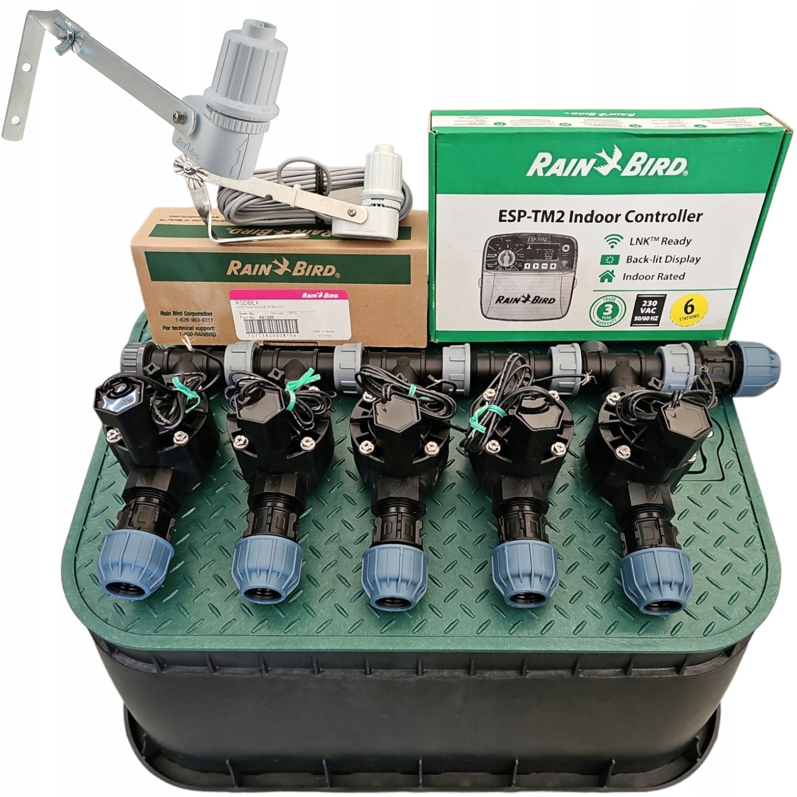 Zestaw Rain Bird 5 sekcji Hv z korkiem Sterownik TM2 Czujnik Rsdbex Pe 20