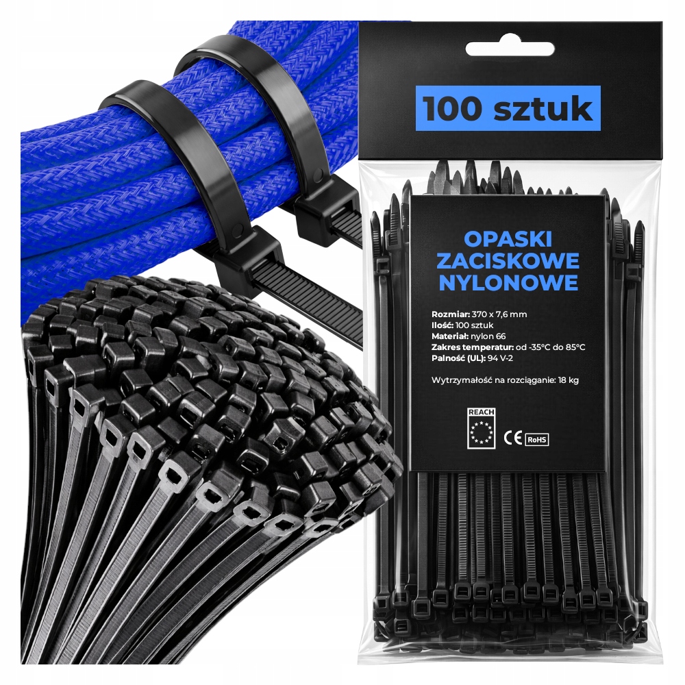 Opaski zaciskowe Trytytki 370x7,6 mm Czarne 100 szt. Nylonowe mocne Uv