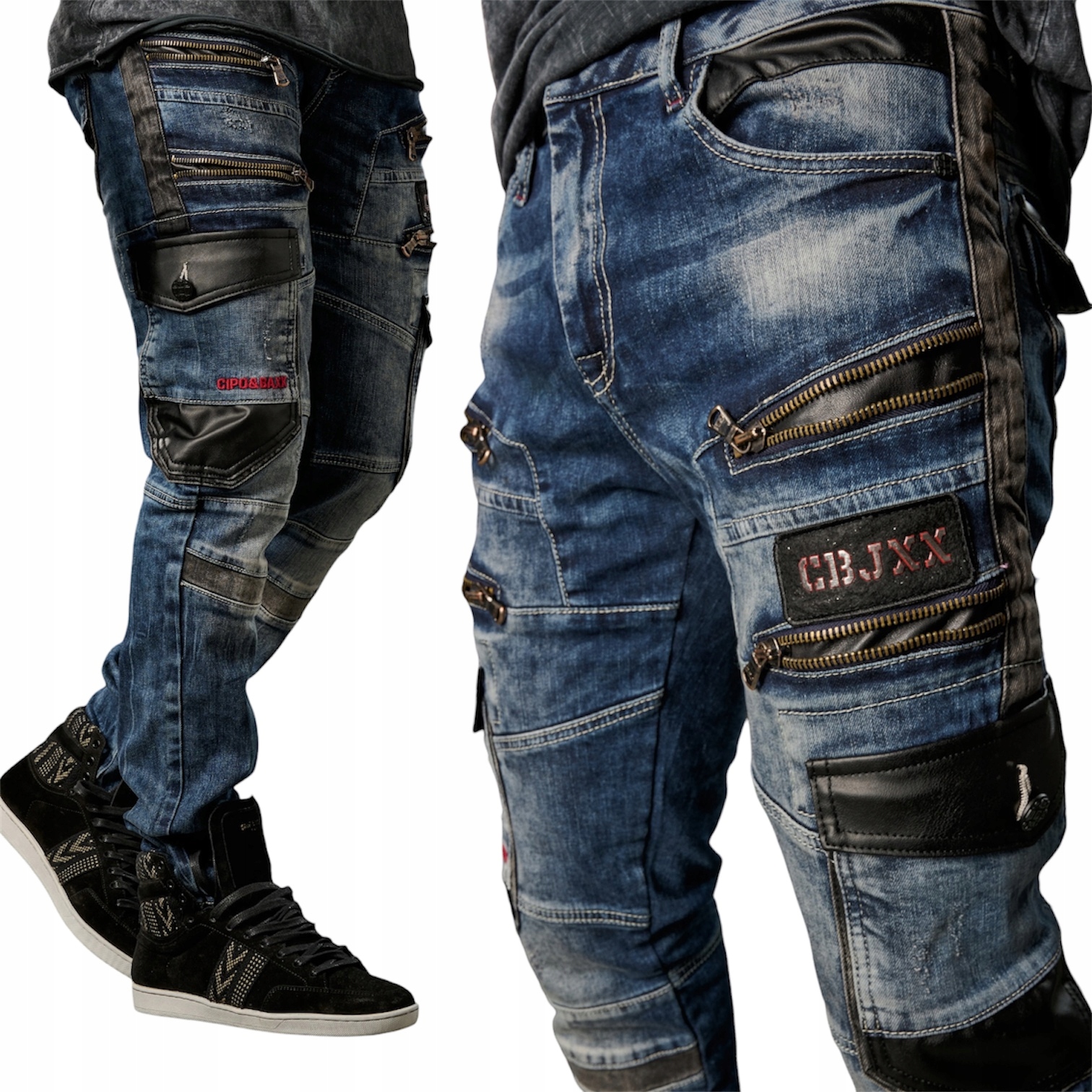 Pánské džíny Kalhoty Cipo Baxx Kůže Biker Elastický materiál Cargo 30/32