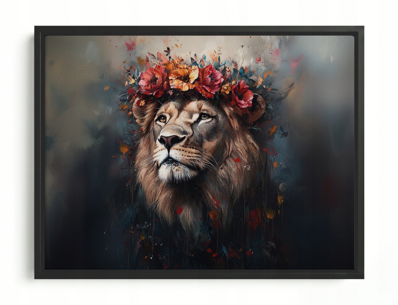 Obraz Rám American Box Portrét Zviera Lev Kráľ Veniec Kvety Boho 80x60