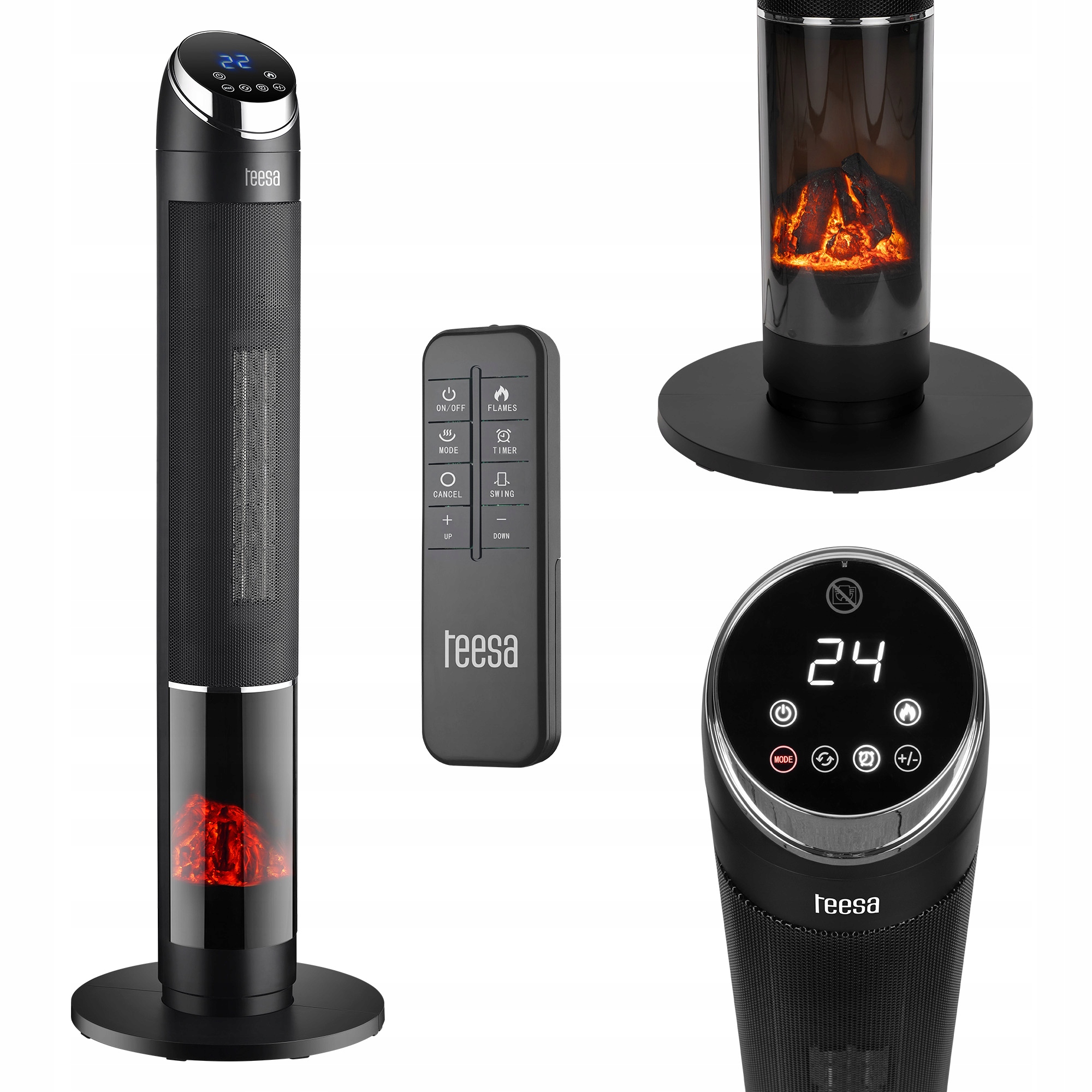 Termowentylator kolumnowy Tessa efekt kominka grzejnik elektryczny pilot