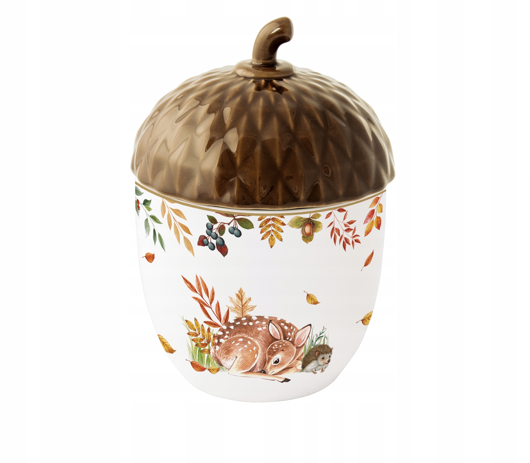 Skleněná porcelánová nádoba s víkem ve tvaru lesního žaludu Liška