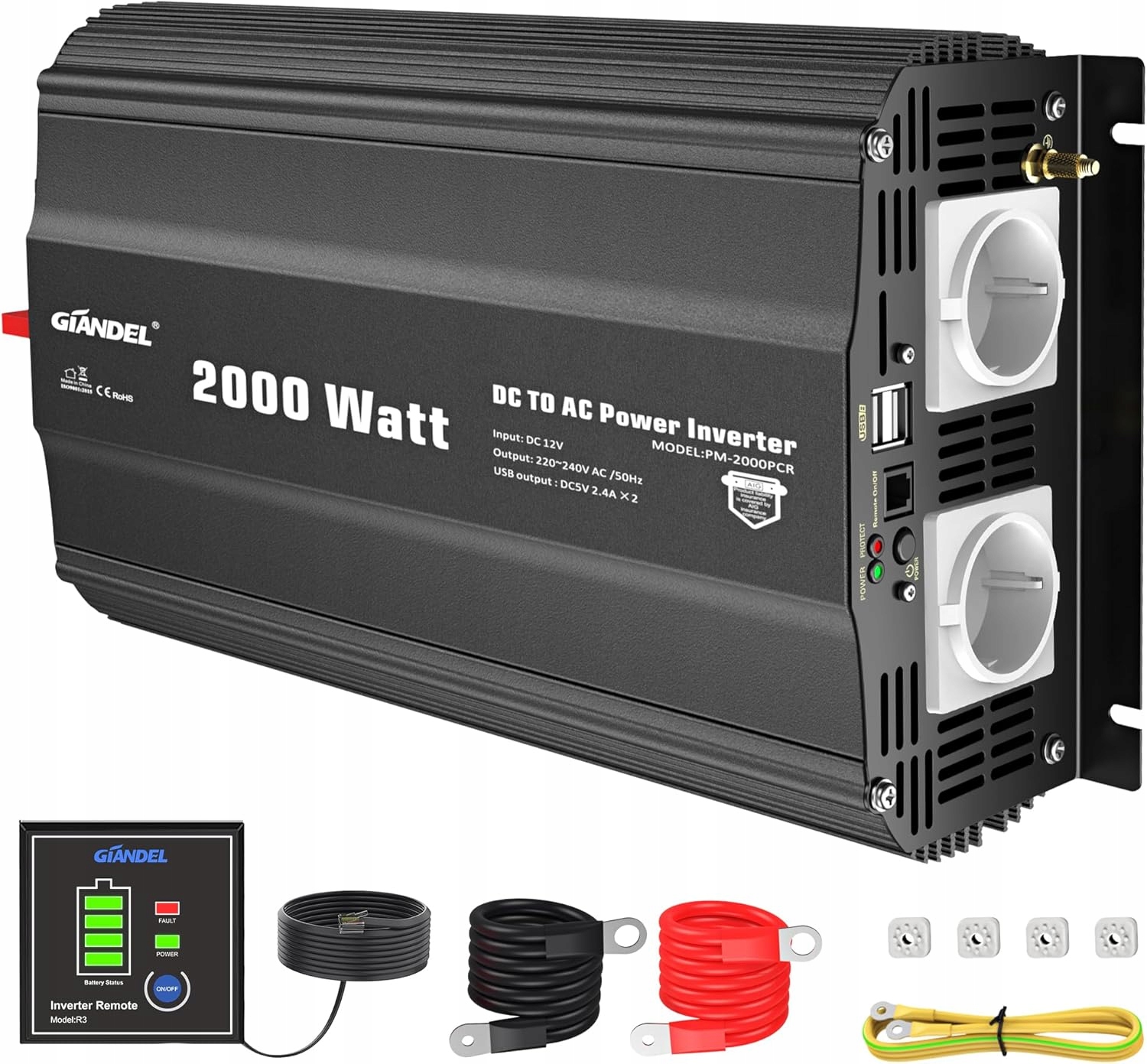 Invertor Giandel Power 2000W, vlnový DC 12V na Ac 220V230V diaľkový ovládač