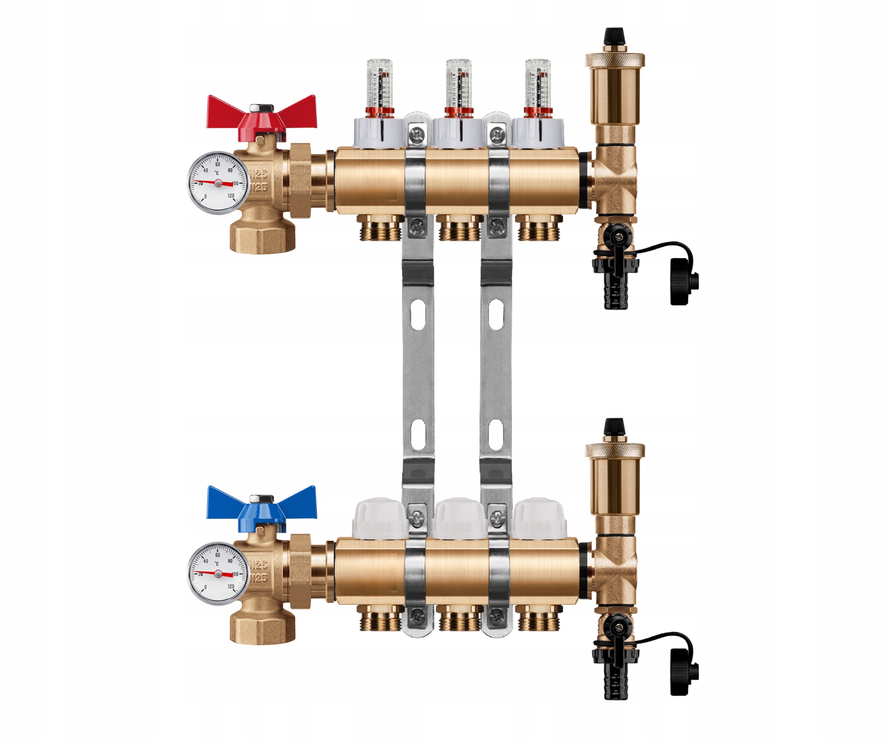 Rozdělovač Podlahy 3 Okruhy Úhlový Kulový Ventil Teploměr Pex