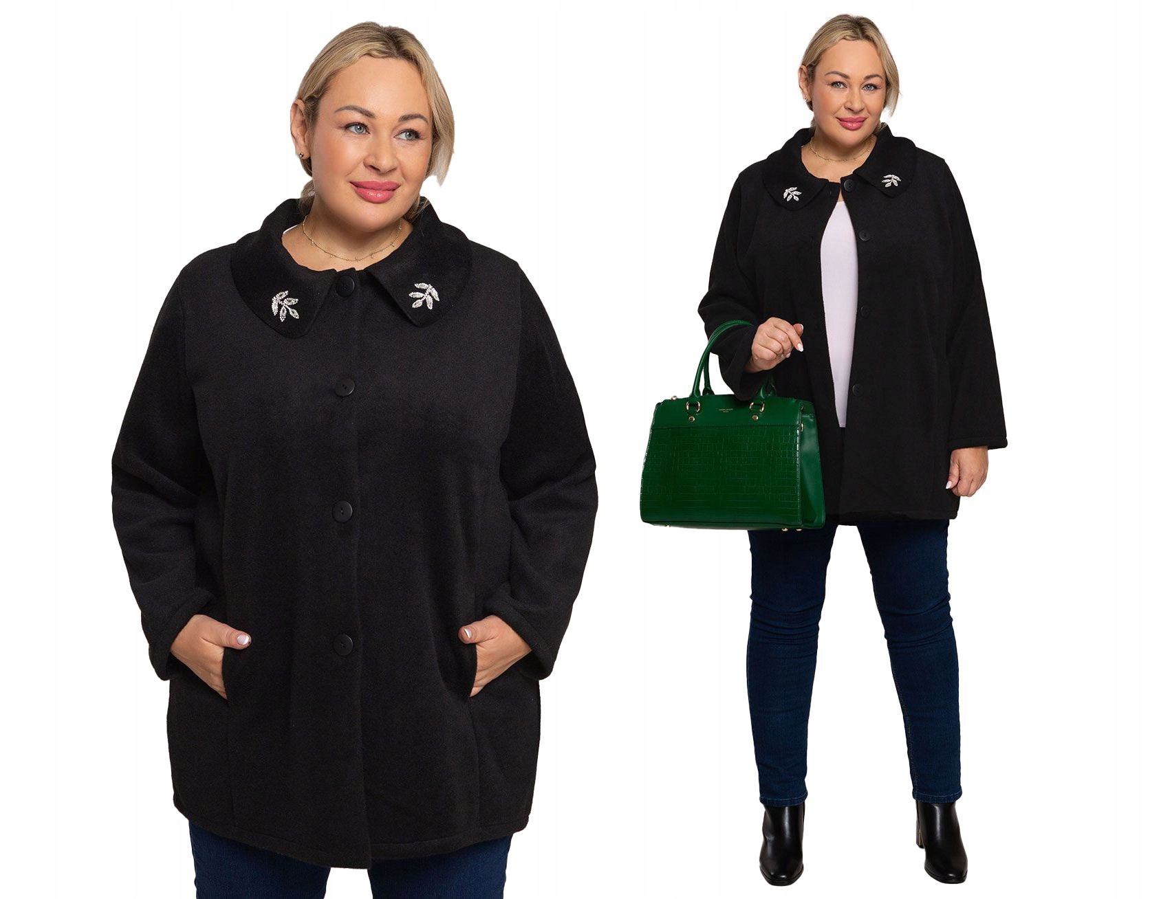 Černý kabátek s ozdobným límcem plus size velikost 52/54