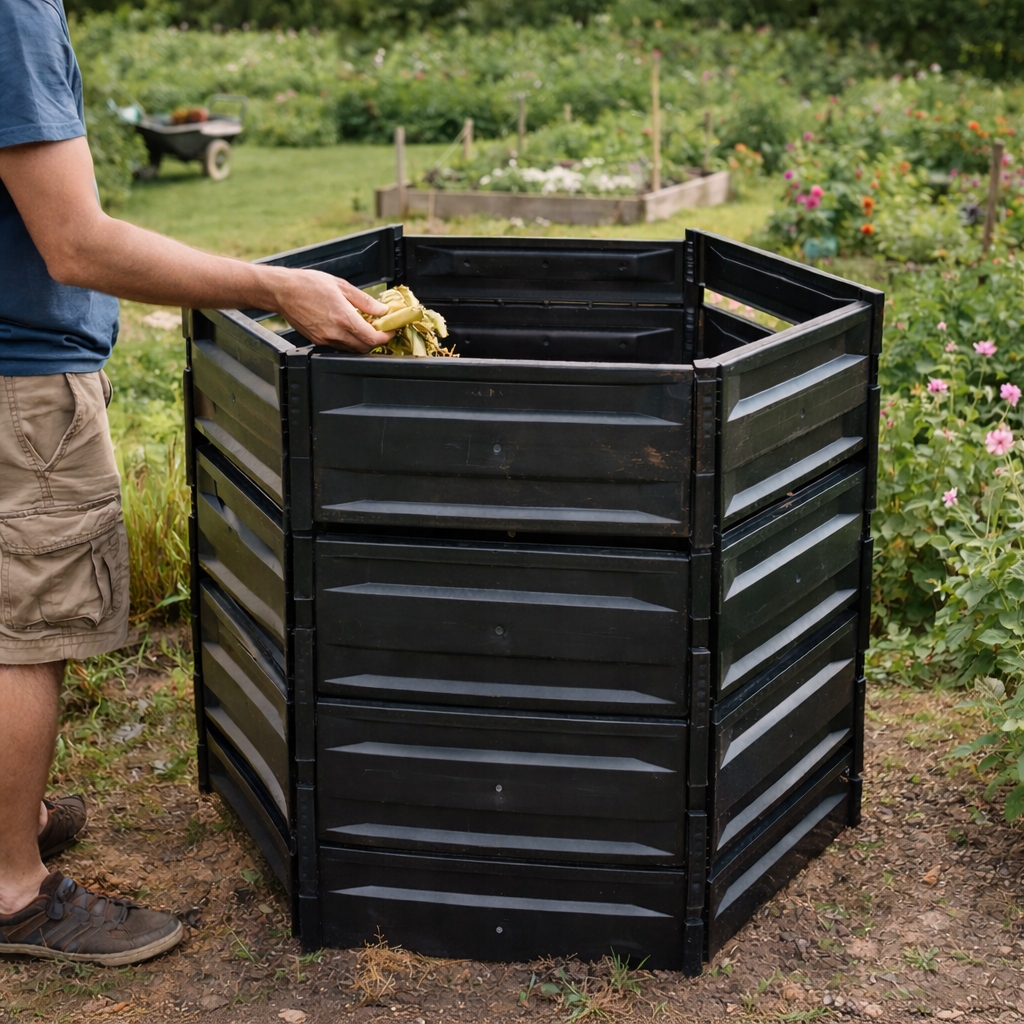 Komposto dėžė sodui, 1050 l, plastikinė, atspari šalčiui, su pagrindu