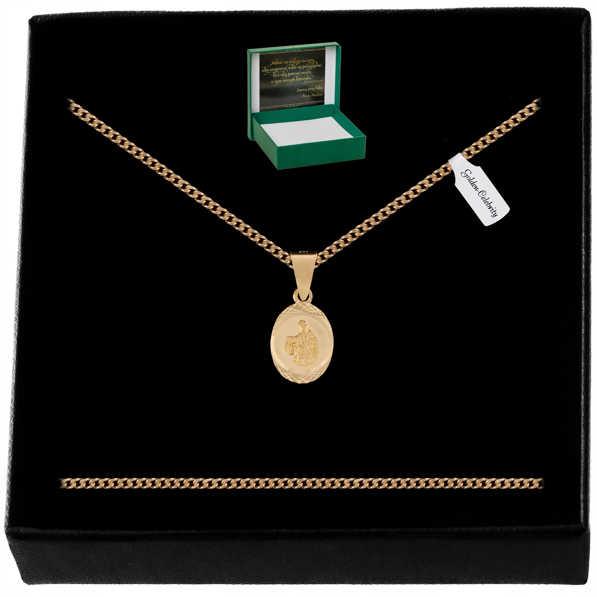 ZŁOTY ŁAŃCUSZEK + MEDALIK SZKAPLERZ SREBRO PRÓBY 925/585 + GRAWER GRATIS Marka Golden Celebrity
