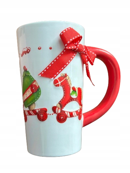 KUBEK ŚWIĄTECZNY Z ILUSTRACJĄ I WSTĄŻKĄ WYSOKI