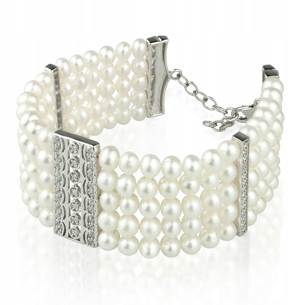 Lesklý Stříbrný Náramek S Perlou A Zirkony