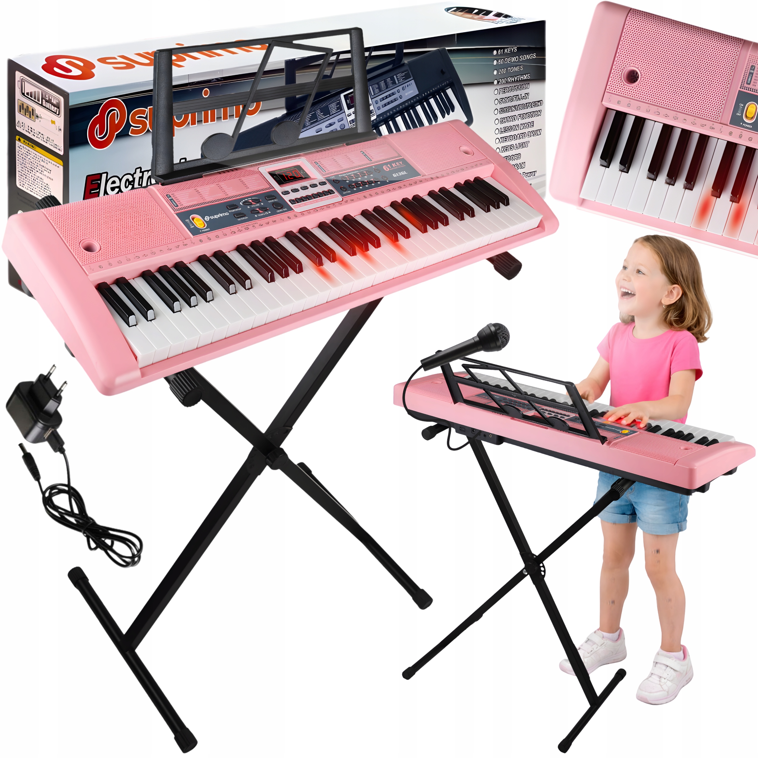 Sada Kláves Varhany Piano 61KL Podsvícené Led Klávesy Růžová+stativ