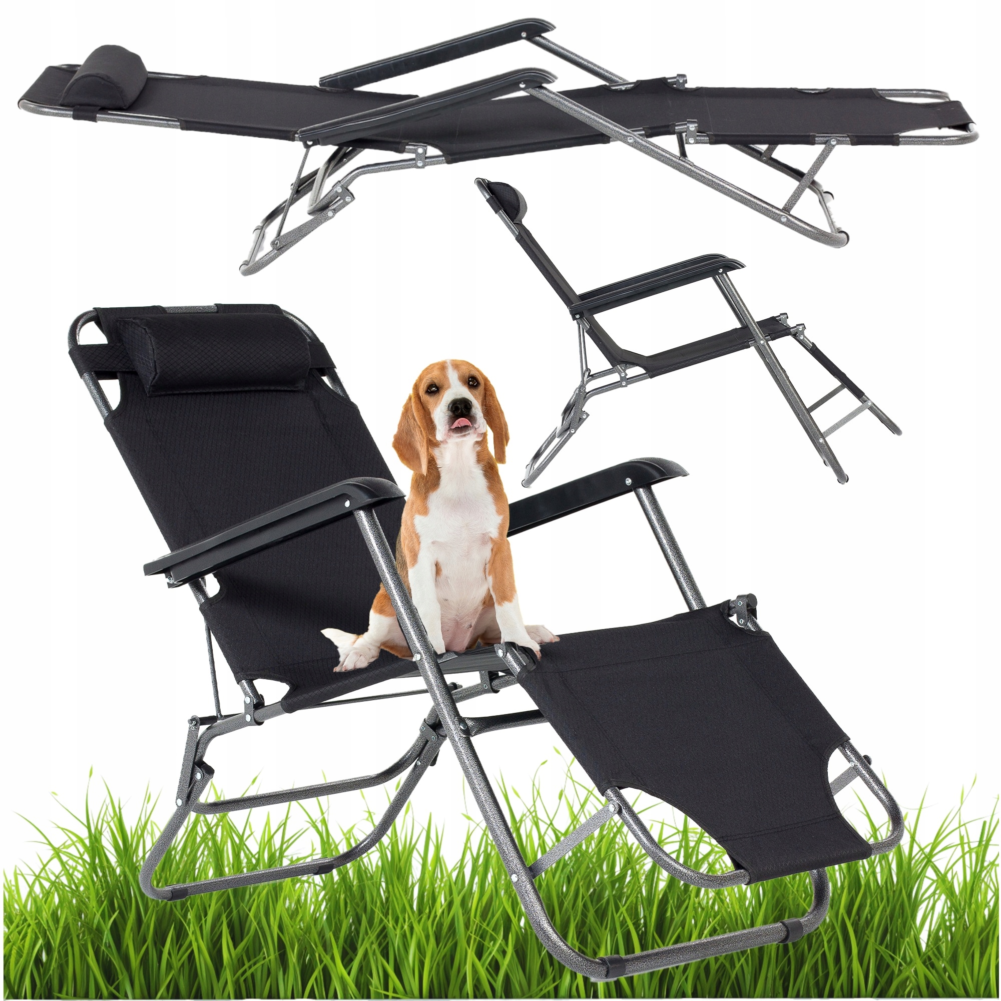 Leżak Ogrodowy Como Fotel Czarny Składany Zagłówek Solidny Wytrzymały Meven