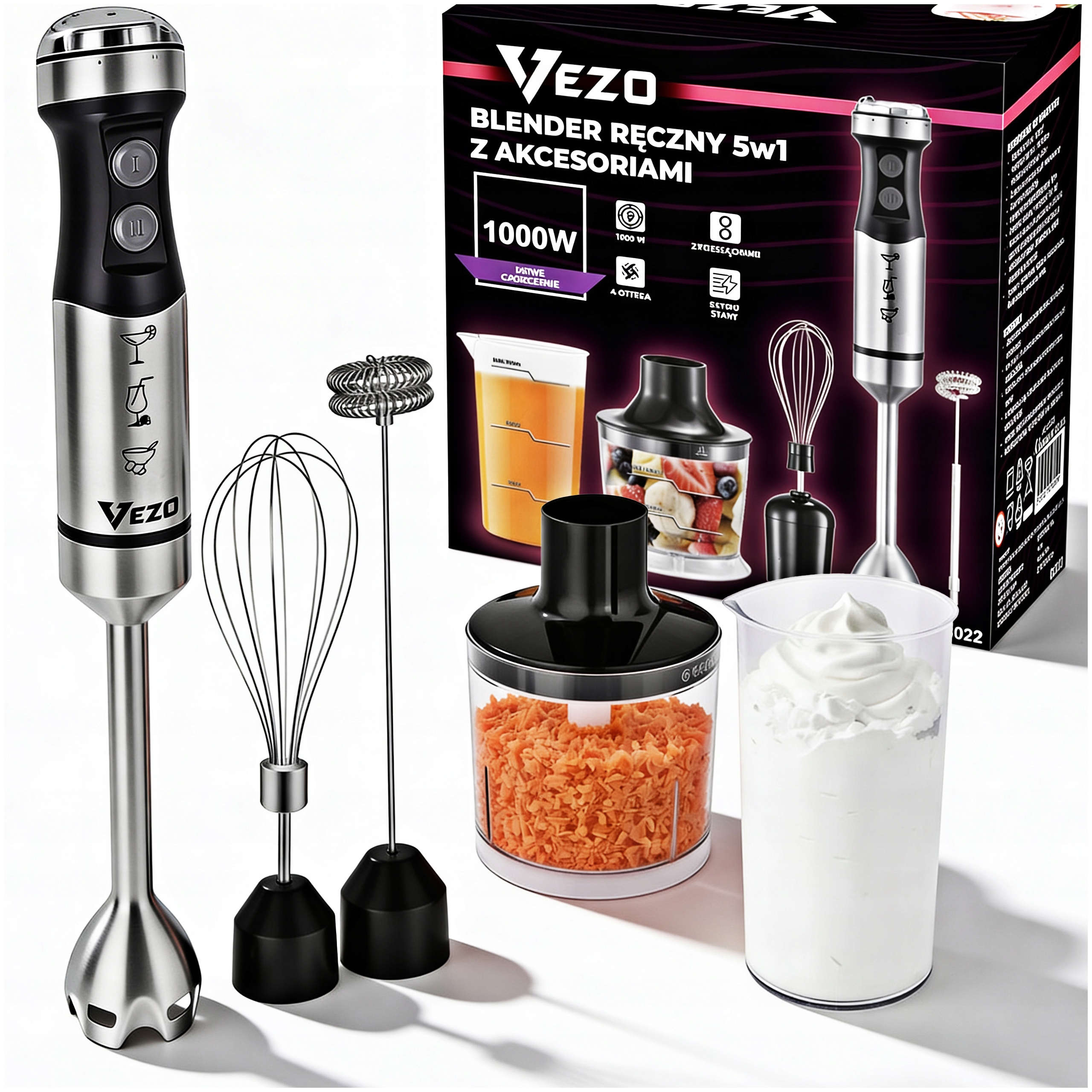 Vezo Blender Ręczny Wielofunkcyjny Mikser 1000W Rozdrabniacz Zestaw 5w1