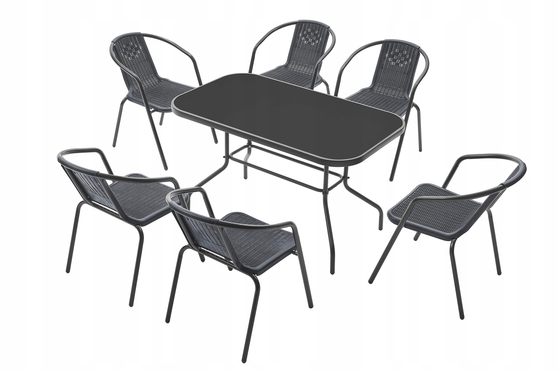 Zestaw stół 120x70 cm z czarną szybą hartowaną 6 krzeseł szary rattan
