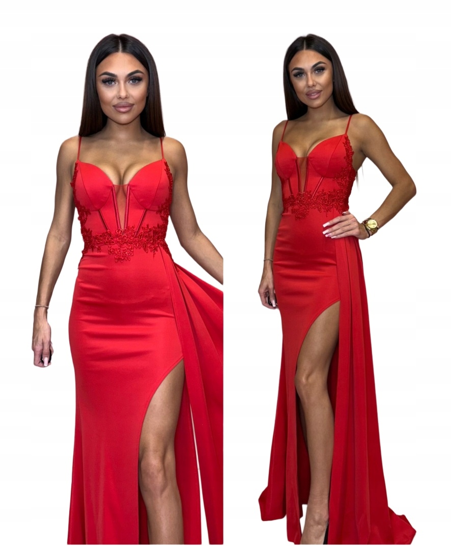 Monopolis dlouhé červené šaty s rozparkem na ples, svatební hostina L