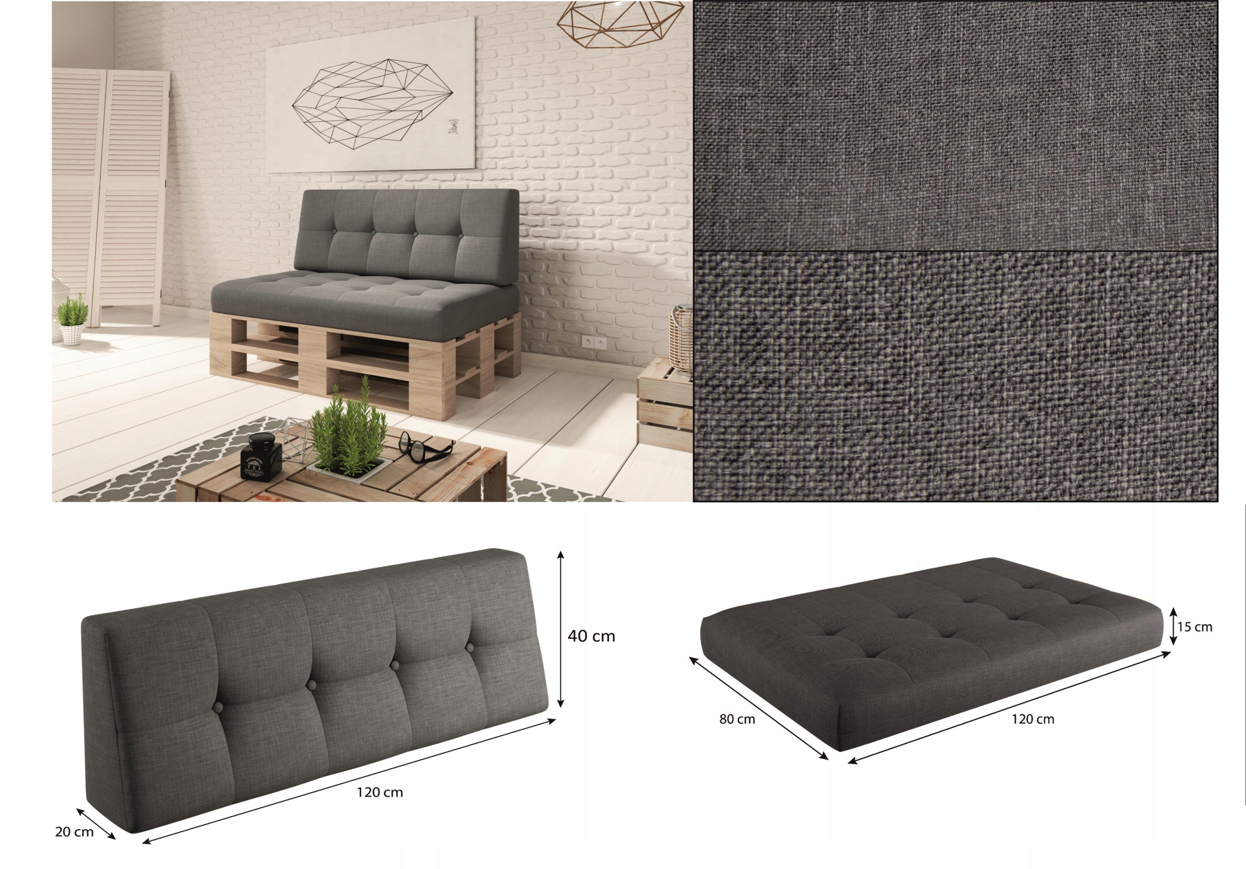 Komplet poduszek na palety (VERONA_ZESTAW 2_120x80+120x40) Długość poduszki 120 cm