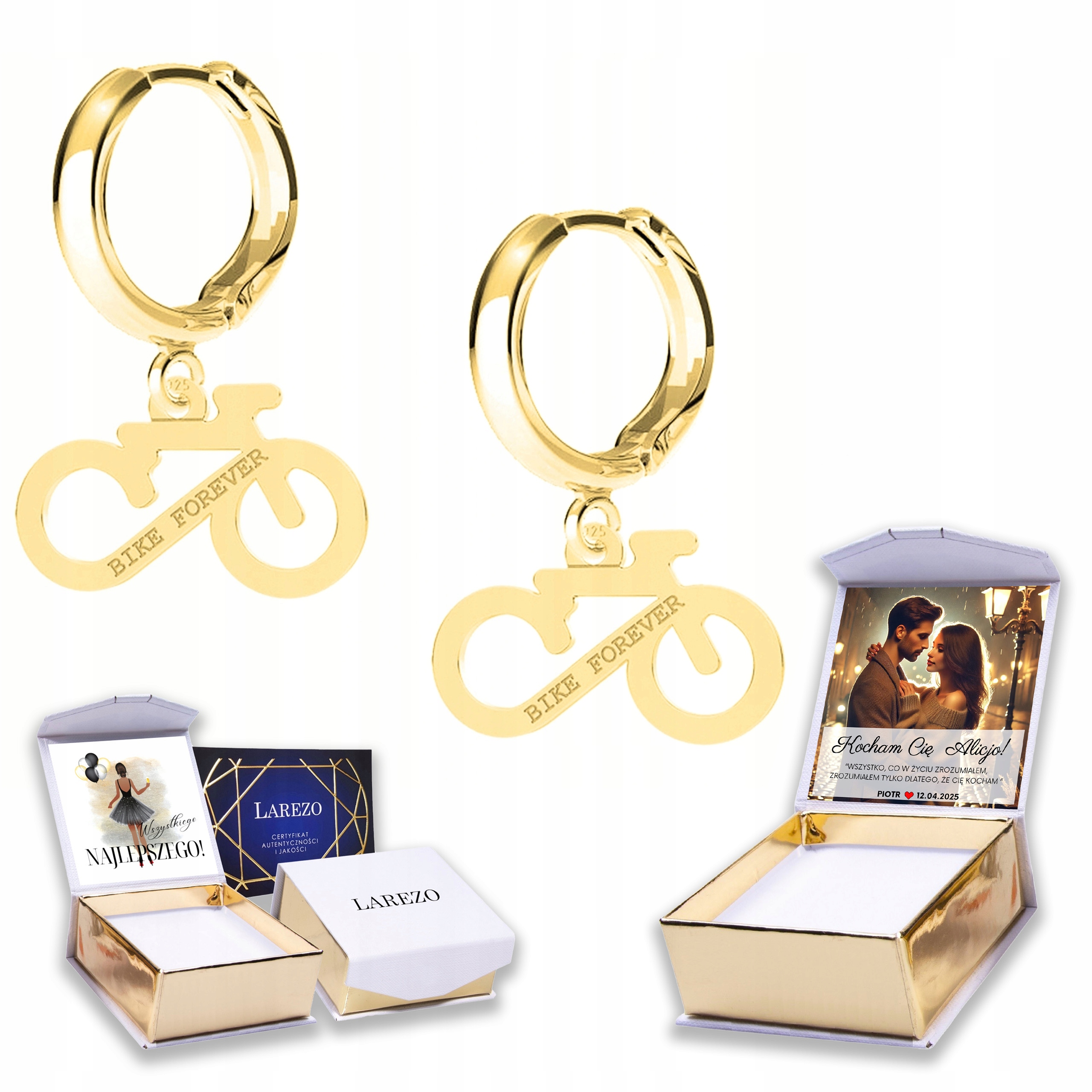 Zlaté Náušnice 925 Plechy s jízdními koly Bike Kolo Potisk