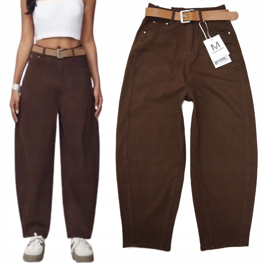 M.sara Balloon Damskie Spodnie Jeansy Brązowe Czekoladowe Wysoki Stan 36 S