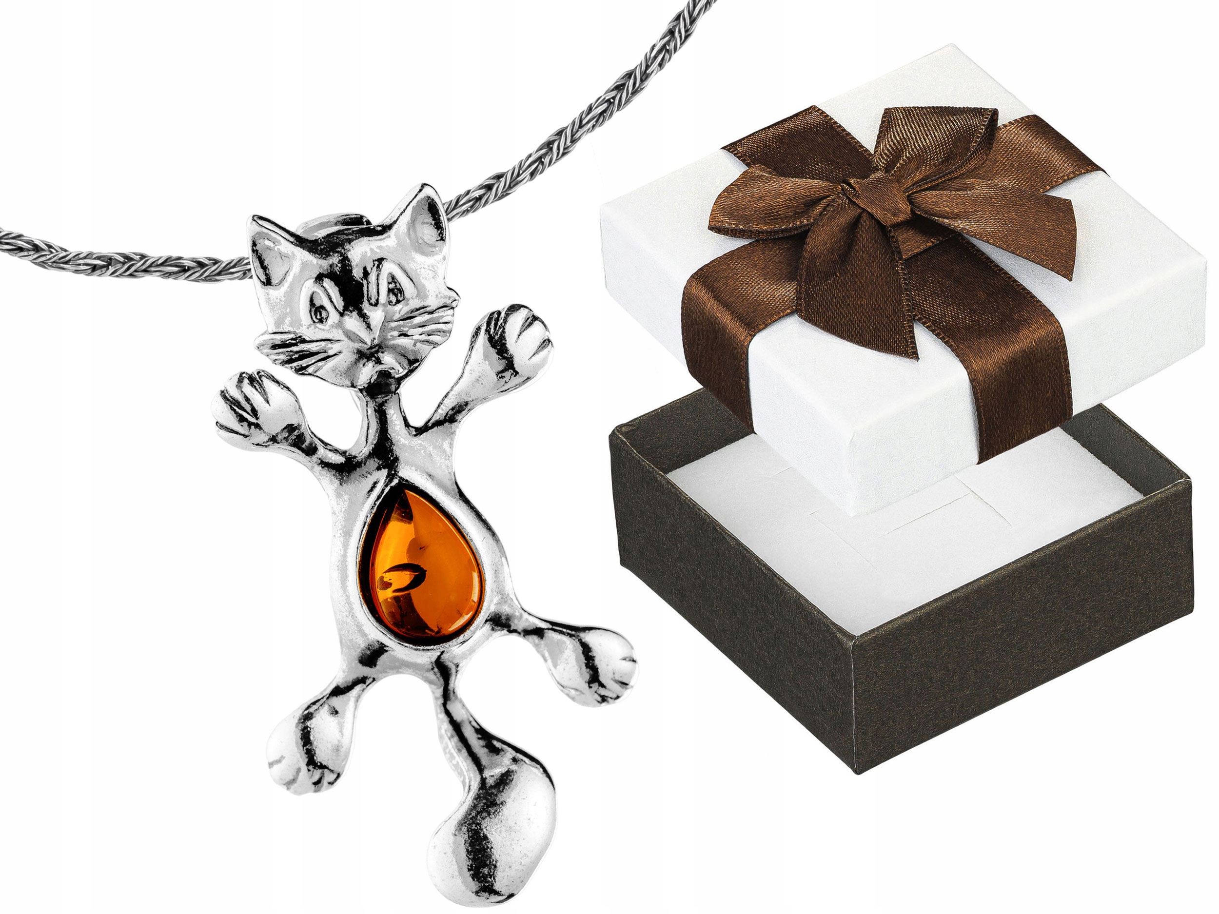 Velký Stříbrný Náhrdelník Kočka s Jantarem Oxidovaný Koťátko Krátký Choker 32