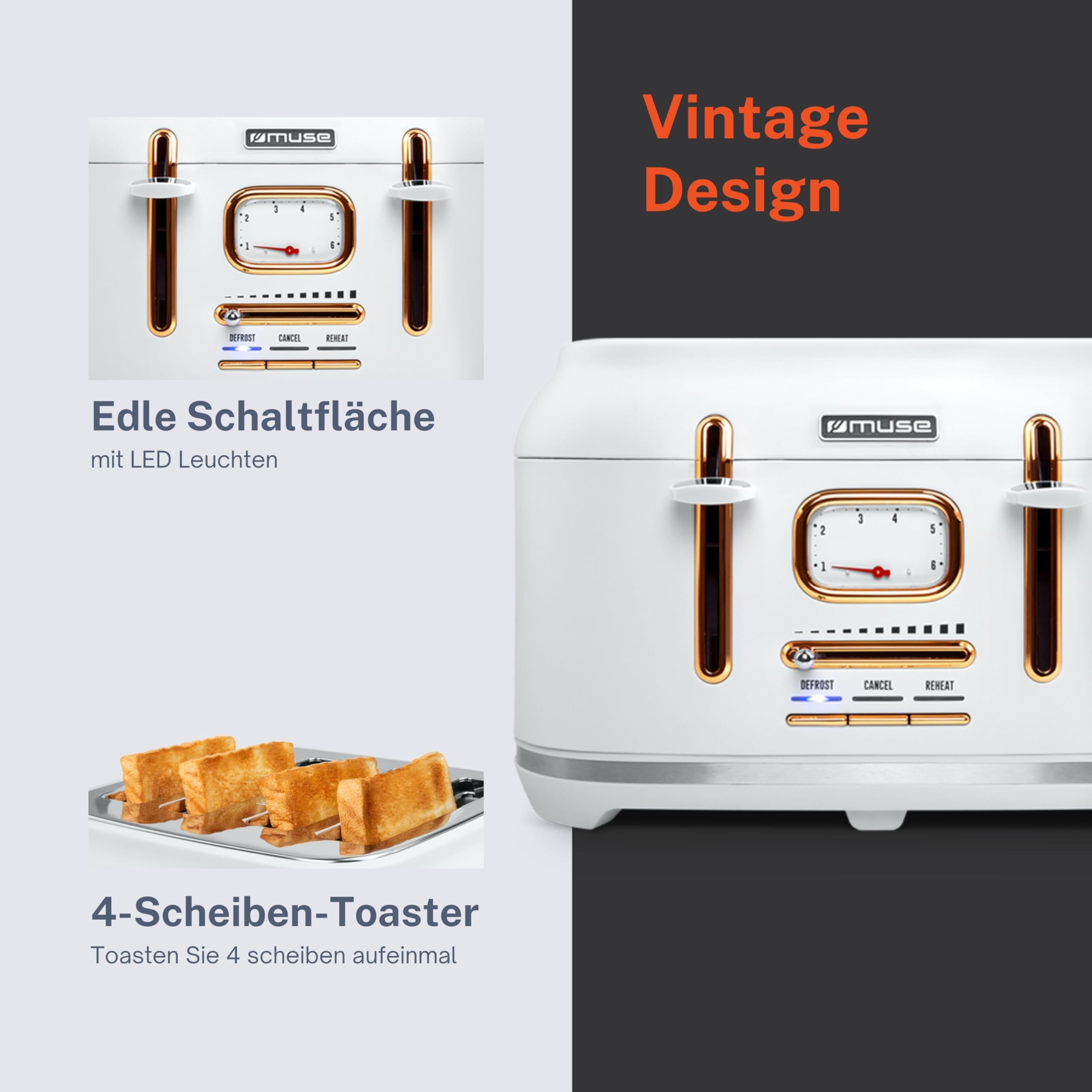 MUSE Toster Retro Biały Stalowy 4 Kromki 6 Stopni Z Kratką Kruszyń — miniatura 4