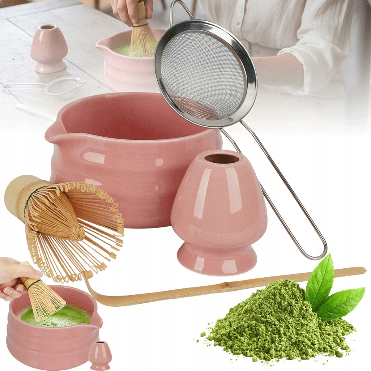 Sada na vaření matcha keramická růžová s příslušenstvím, sítko a lžička
