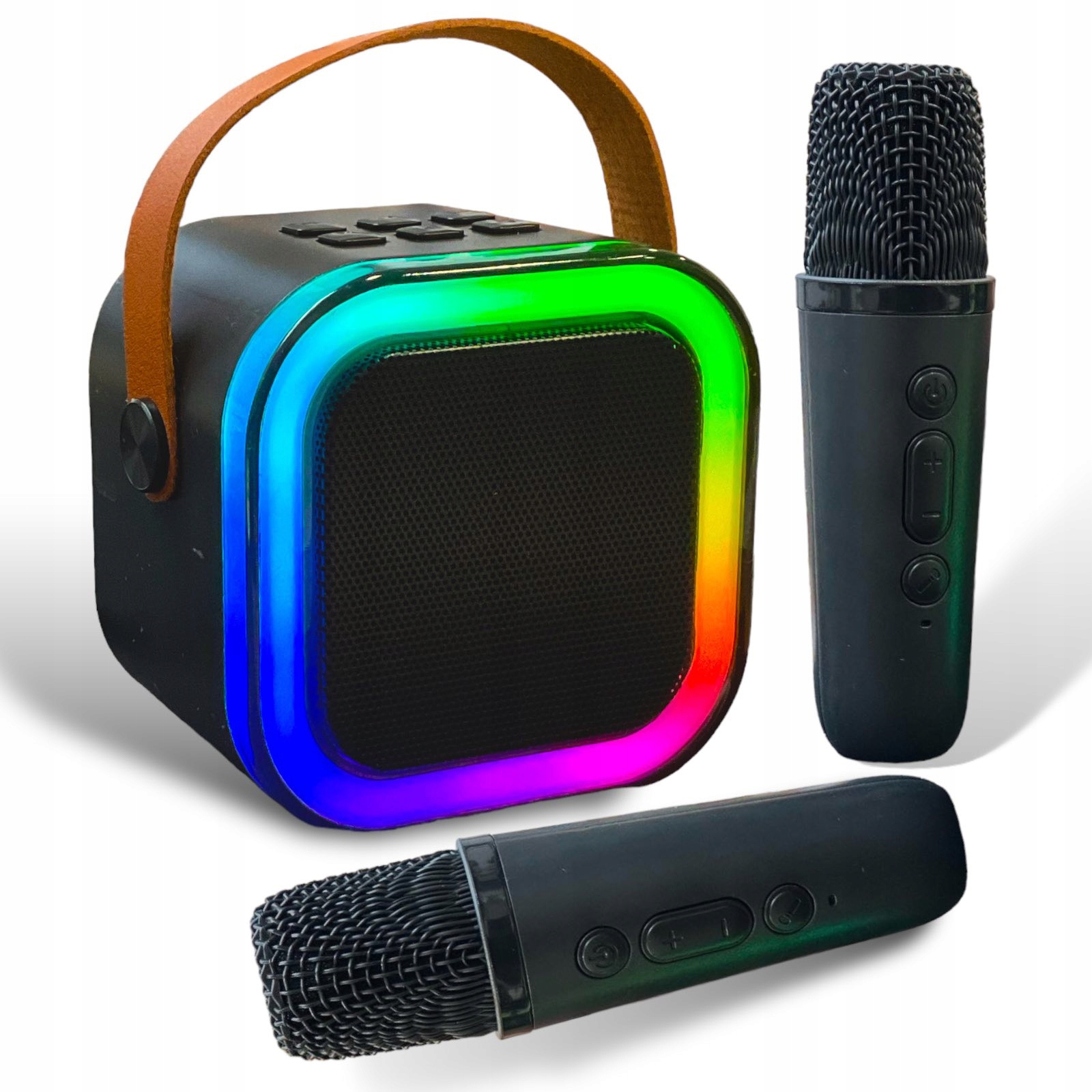 GŁOŚNIK BLUETOOTH PRZENOŚNY ZESTAW KARAOKE RGB 2 MIKROFONY USB SD MINI JACK