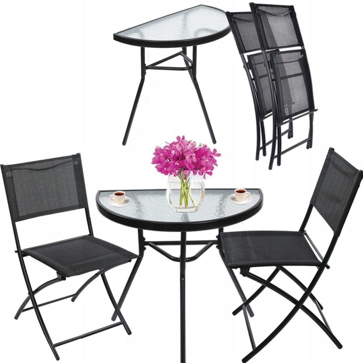 Nábytok na Balkón, Záhradu, Terasu Set Stôl 2 Stoličky, skladací, čierny stolík