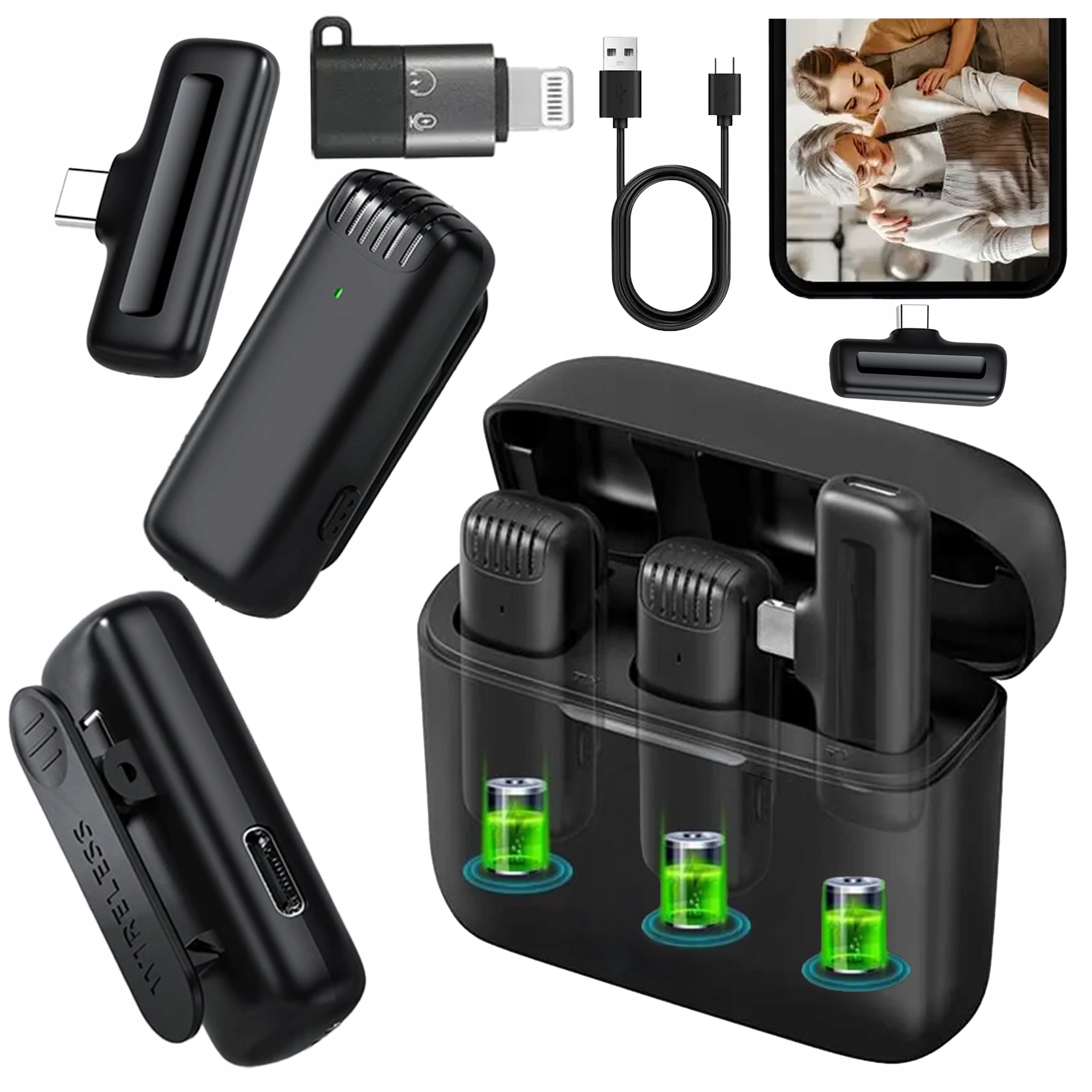 2x Mikrofon Krawatowy Bezprzewodowy Do iPhone 15 USB-C+Lightning