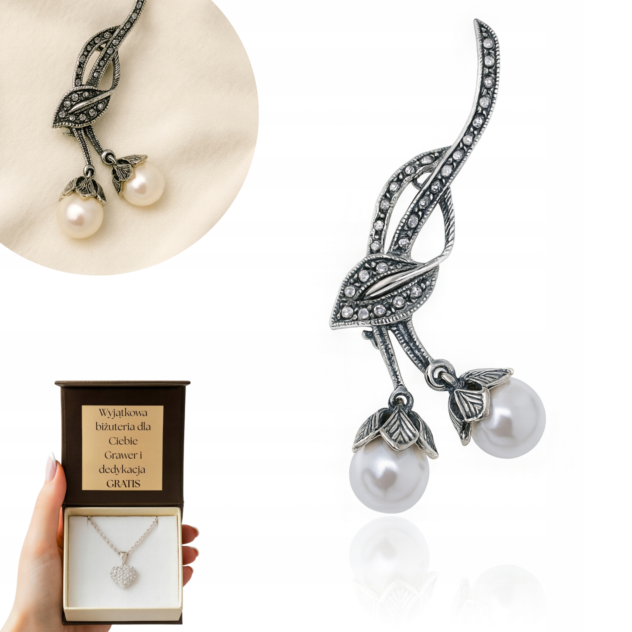 Stříbrná Brož Zdobená Zirkony , Perlami Stříbro Gravírovaná Gravírování Dárek