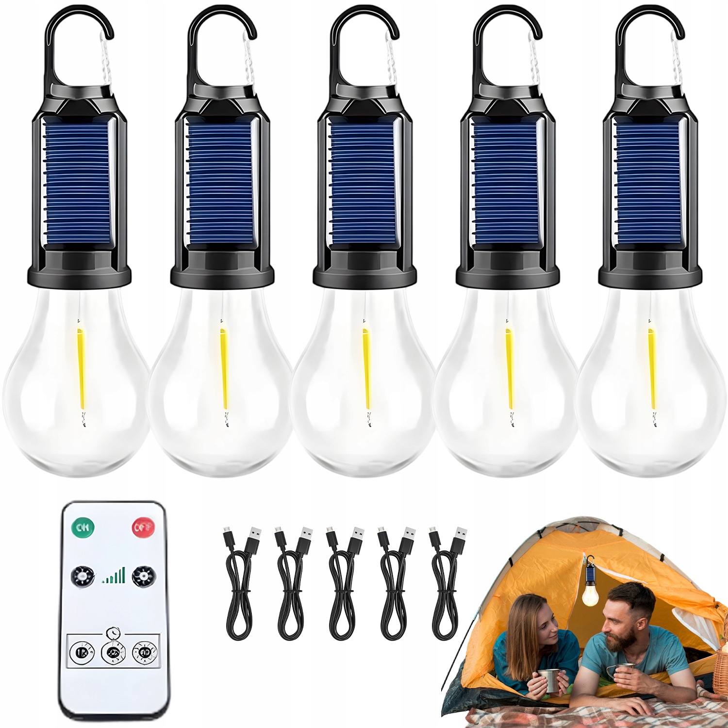 Zestaw Lamp Kempingowych Solarnych Led IPX4 Ciepłe Światło Pilot